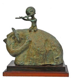 Krishna seated on Elephant, Playing Flute, Bronze Sculpture, Patina "In Stock"