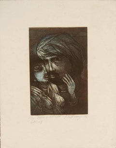 Man & Woman, Relationship, Etching on paper, Blue, Brown, Black colors"In Stock"