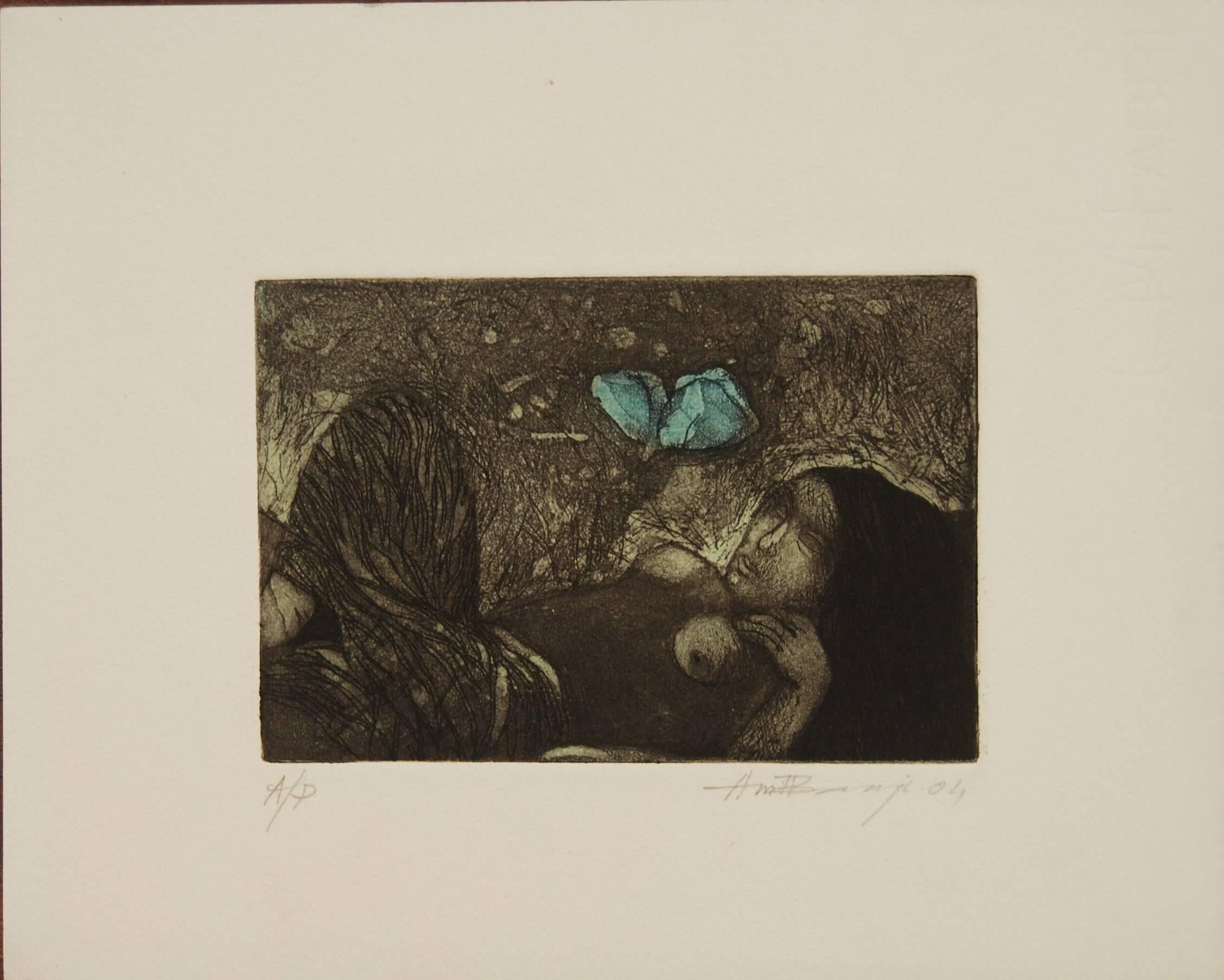 Amitabha Banerjee Figurative Painting - Day Dream, Etching on paper, Blue, Green, Blackcolors by Indian Artist"In Stock"