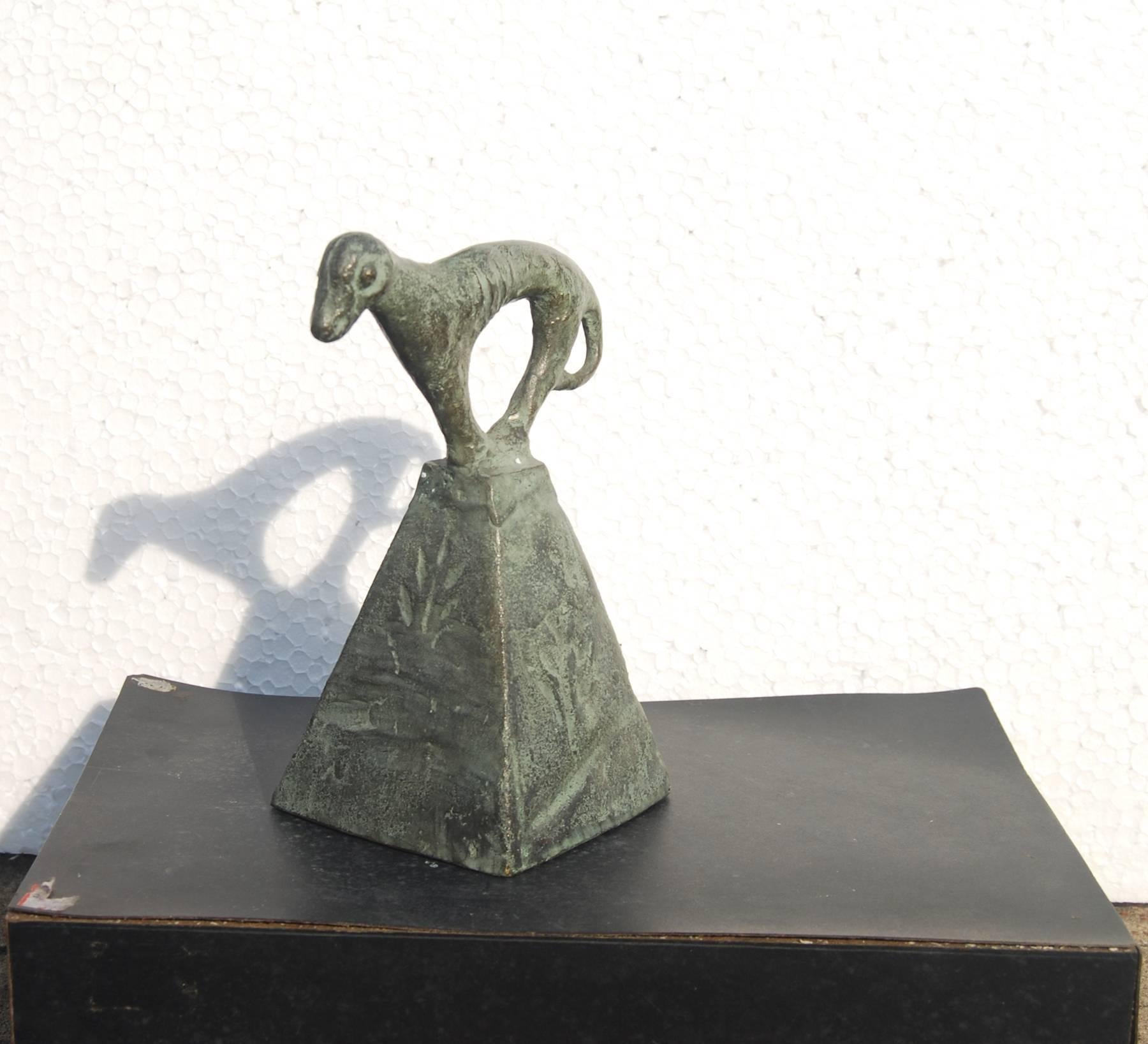 Subrata Biswas Figurative Sculpture - Dog perched on Hillock, Folk style, Motifs, Bronze, Animal Sculpture "In Stock"