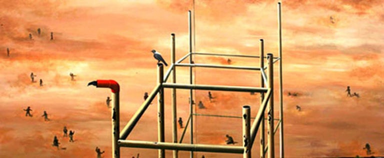 Pratul Dash Landscape Painting - On Higher Grounds, Acrylic on Canvas, Industrialization , migration, orange