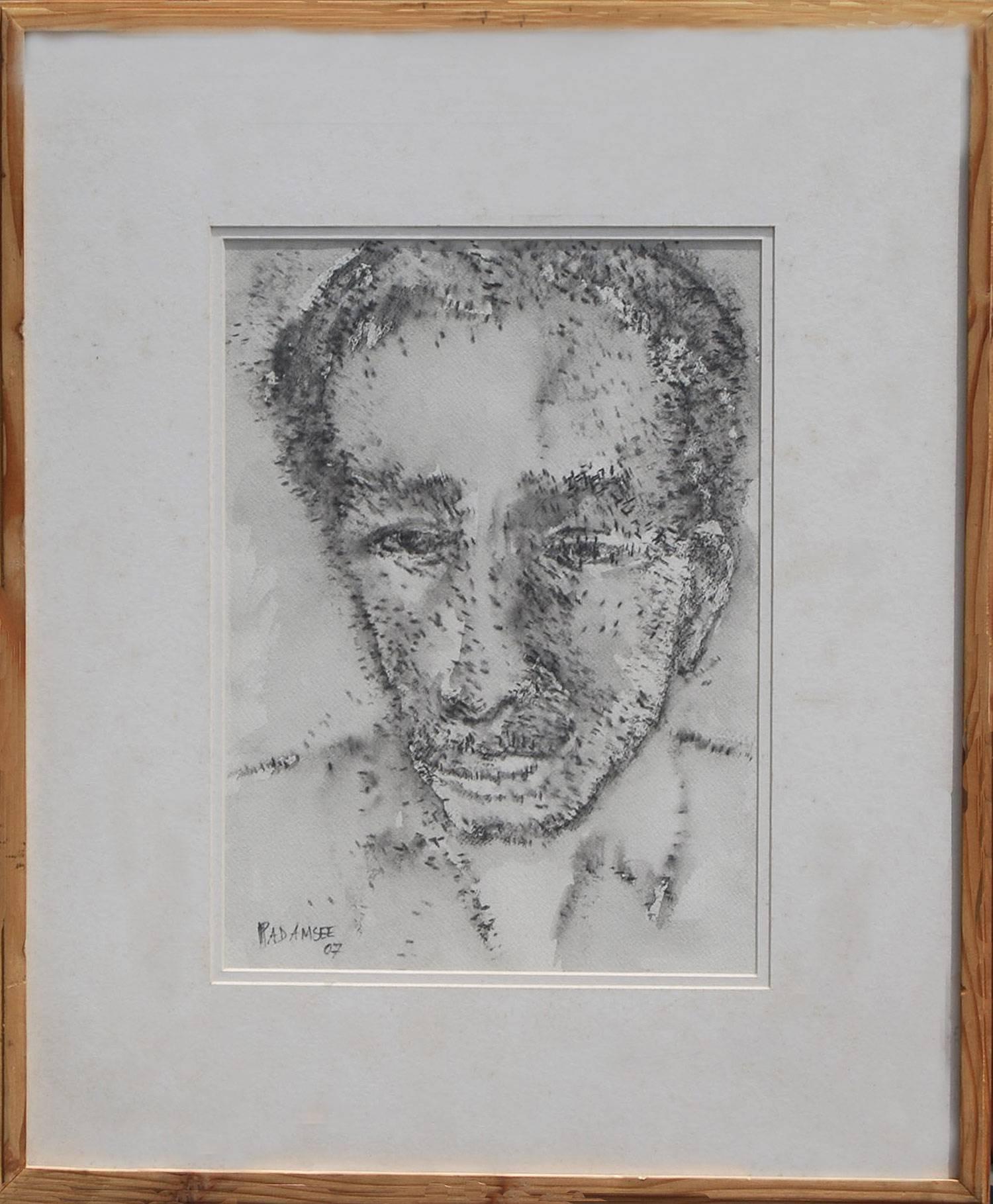 Potrait d'un homme, papier à l'encre chinoise, noir et blanc, par l'artiste Padma Bhushan « En stock »