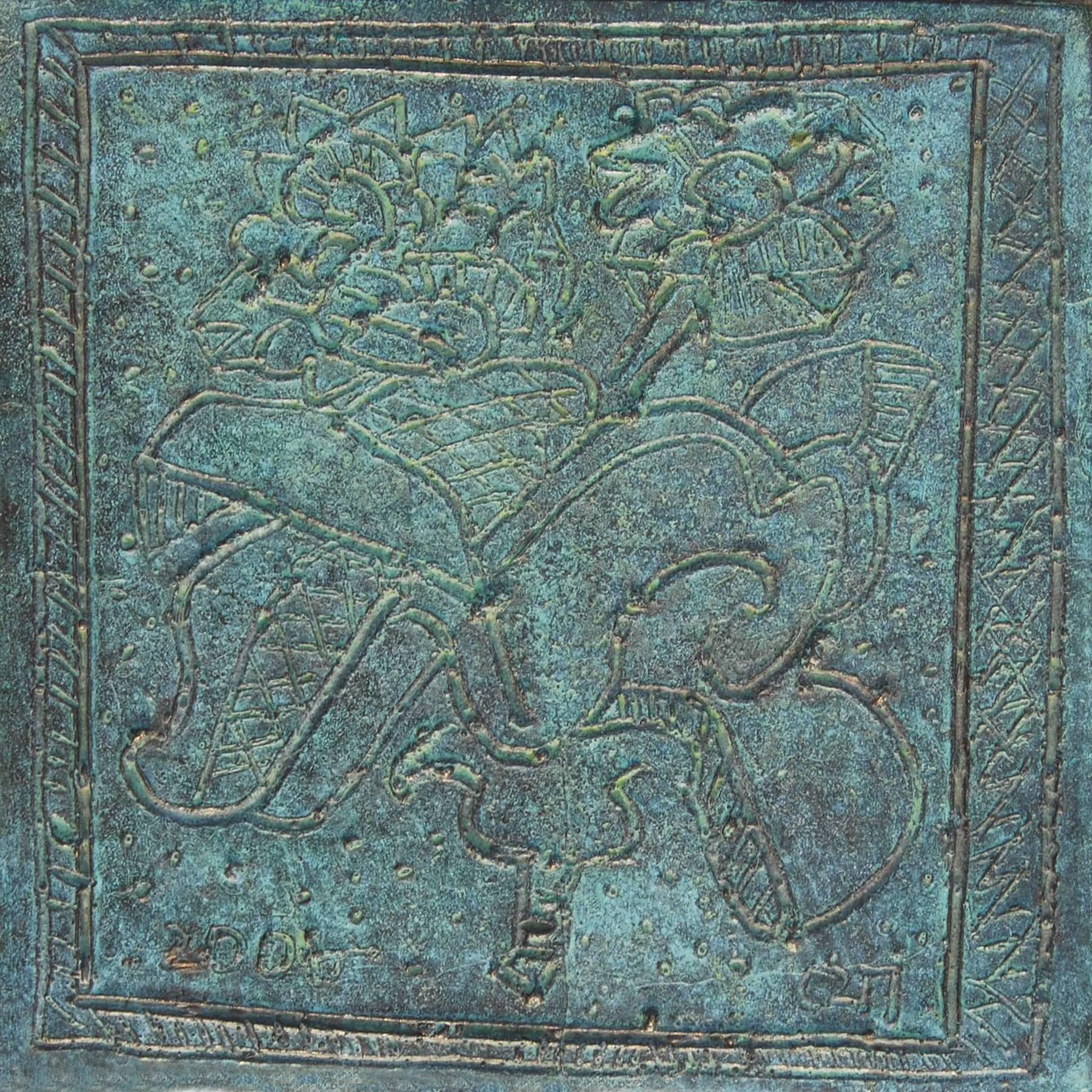 Jogen Chowdhury  Still-Life Sculpture - Flower Vase, Still Life, Bronze Plate, Green by Artist of 21st Century"In Stock"