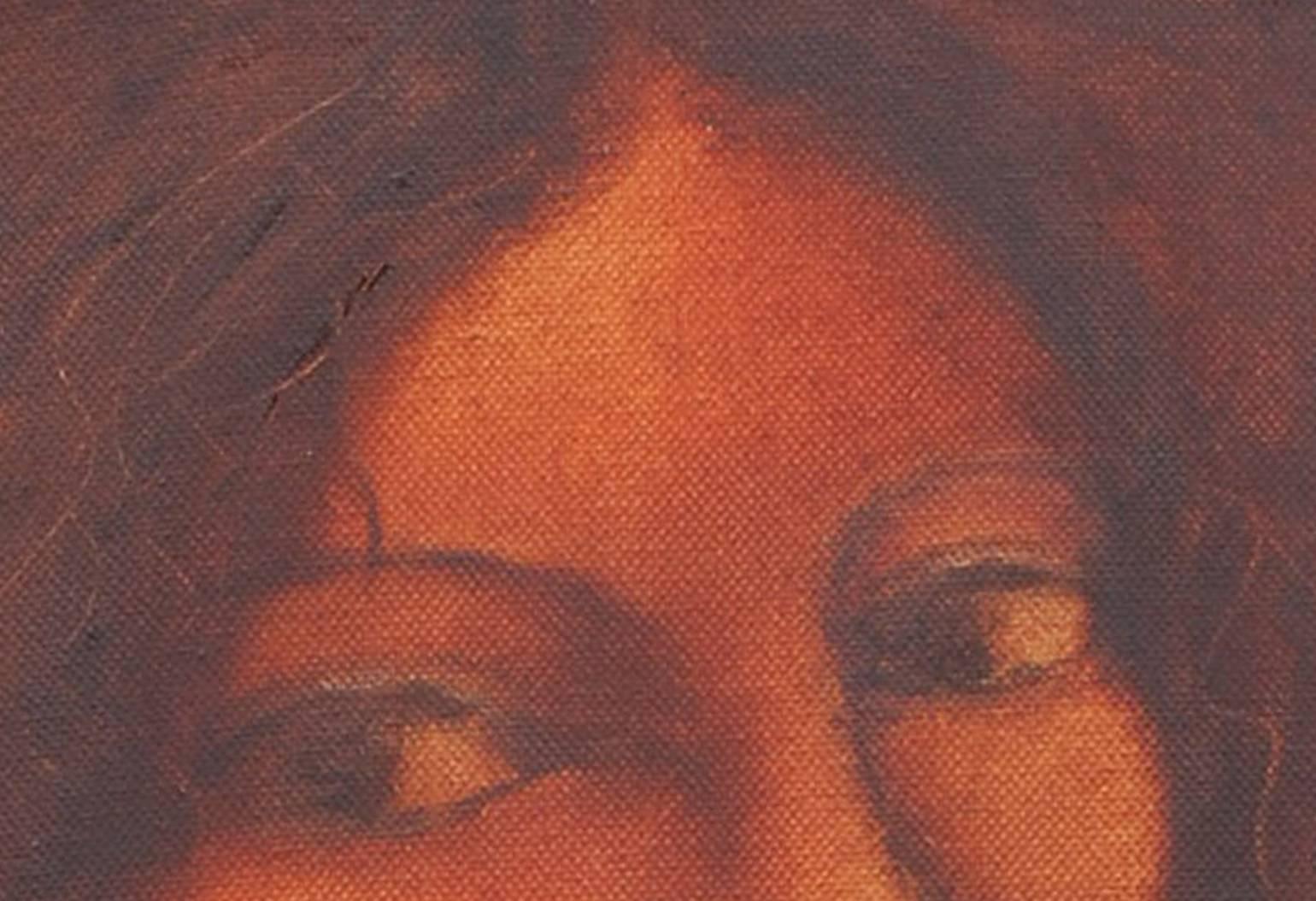Radha, Cabello en cascada y mirada melancólica, Pintura al óleo, Rojo, Colores marrones 