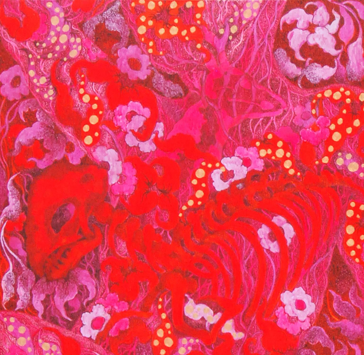 Mi Amado Asesino, Acrílico sobre Lienzo, Follaje Rojo Flores Intrincadas 