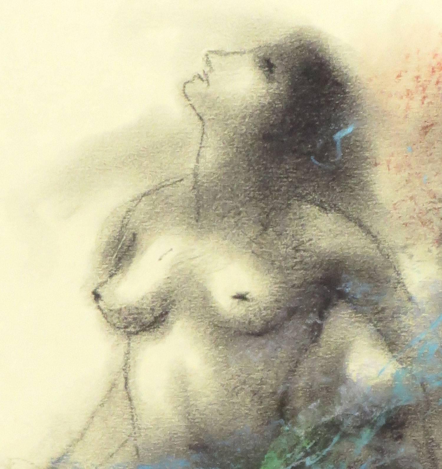 Nackter Akt, Zeichnung einer Frau, Holzkohle, Pastell, Blau, Rot, indische Künstlerin, „Auf Lager“ (Zeitgenössisch), Art, von Subrata Das