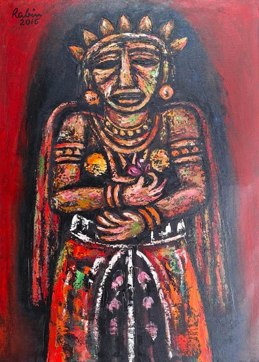 Rabin Mondal - Deity
Acrylic on Canvas
30 x 36 inches, 2016

Queen, painted by Rabin Mondal in 2016, presents a commanding yet deeply contemplative female figure seated at the centre of the composition. Adorned with an ornate crown, jewellery and