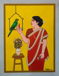 «Bibi», témpera sobre cartón del artista indio contemporáneo Lalu Prasad Shaw «Disponible»