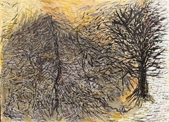 Paisaje, técnica mixta sobre papel, amarillo y negro, del artista indio. «En stock»