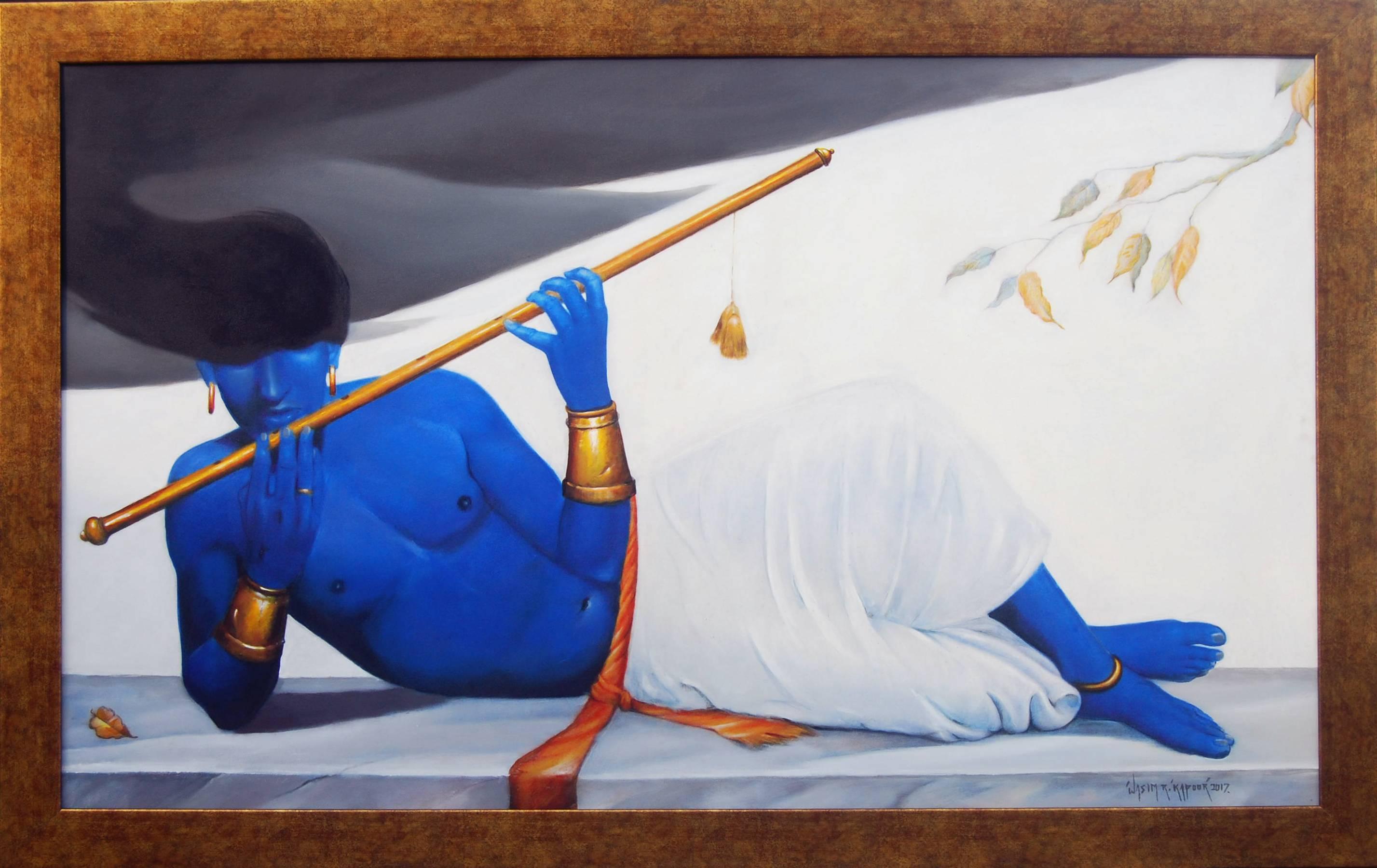 Wasim Kapoor Figurative Painting - Reclining Krishna, Mythology, Romantic, Oil Painting, Blue, Golden "In Stock"