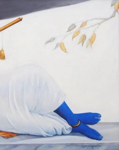 Reclining Krishna, Mythology, Romantic, Oil Painting, Blue, Golden "In Stock"