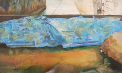 Viaje a Hampi, Abstracto, Pintura al Óleo, Amarillo, Azul por Artista Indio "En Stock"