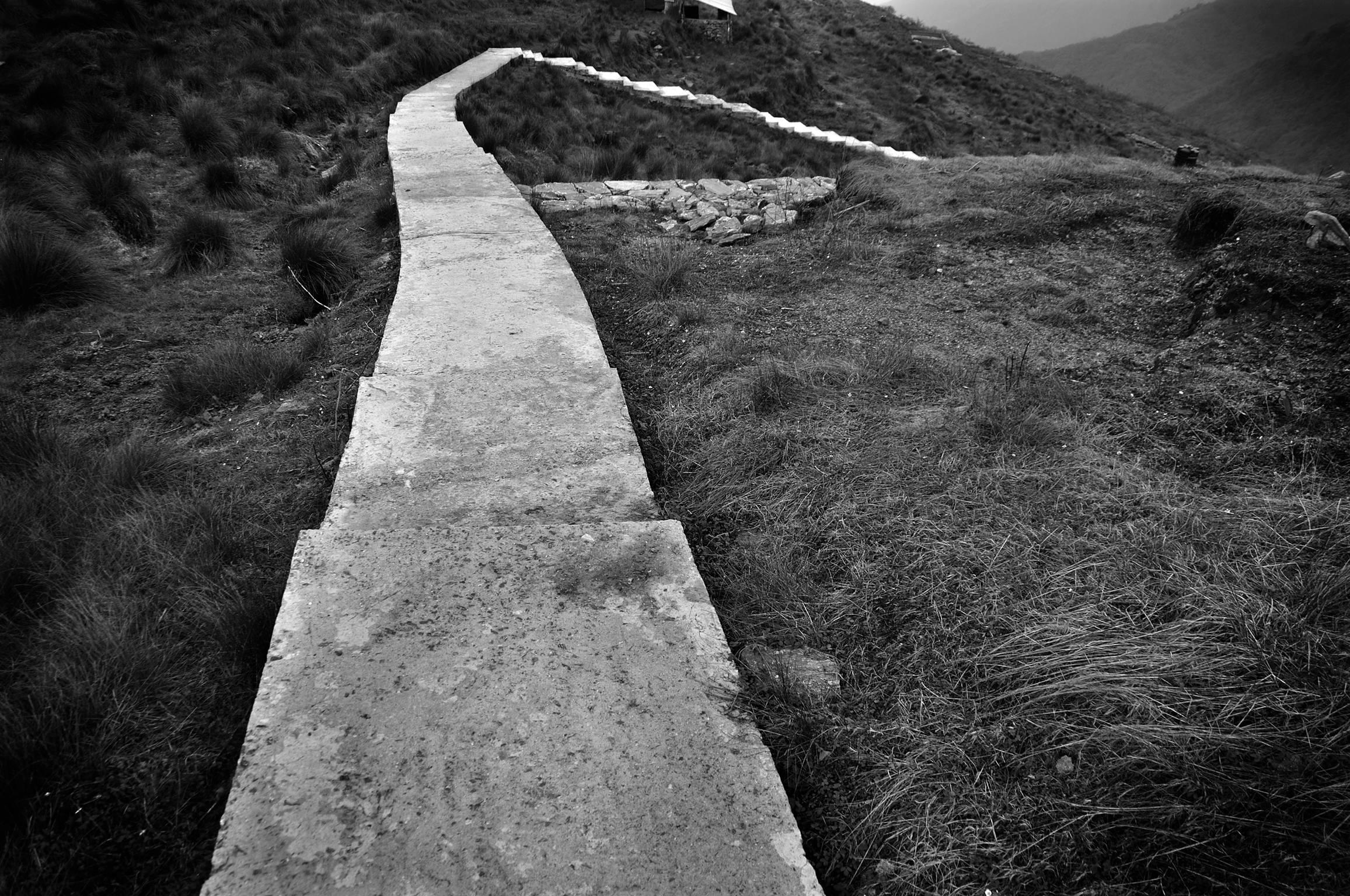 Mohan L. Mazumder Landscape Photograph - Hilly Stairs, Scenery, Black & White Photography by Indian Artist "In Stock"