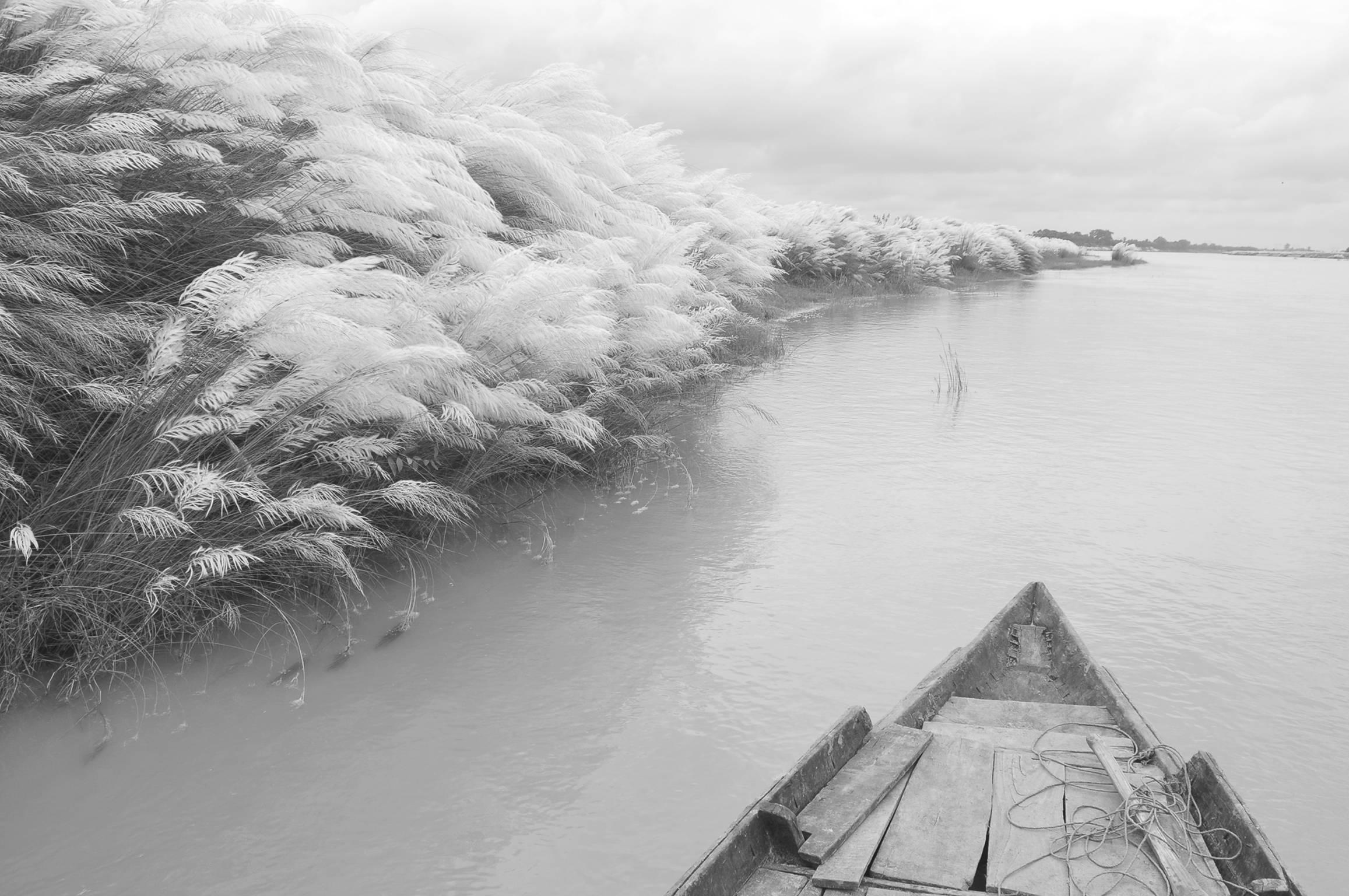 Mohan L. Mazumder Black and White Photograph - River Side Photography, Kans Grass, Boat, Black, White by Indian Artist"In Stock"