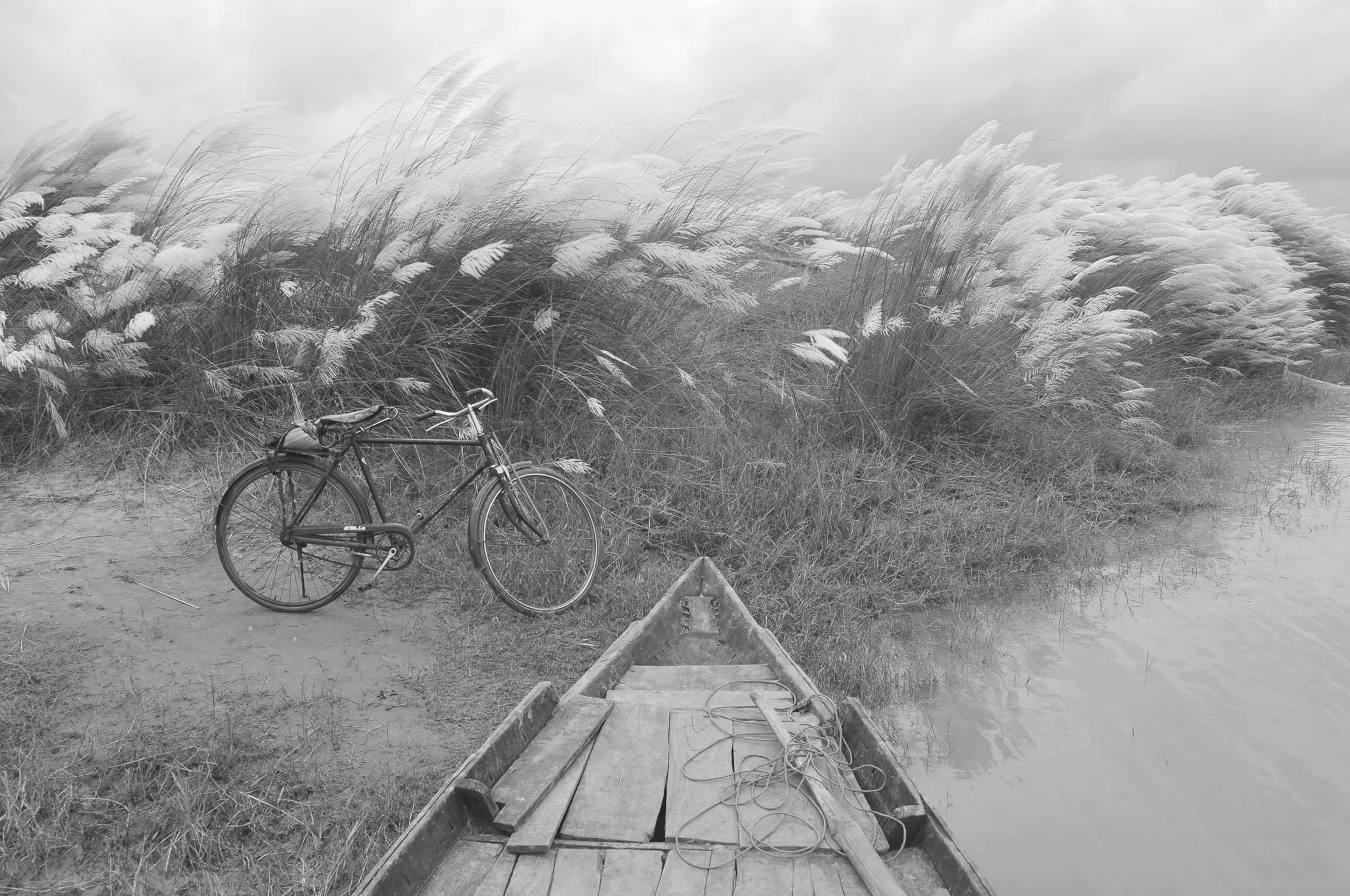 Mohan L. Mazumder Black and White Photograph - Rural Scenery, Kans Grass, Boat, Bicycle, Black & White Photography "In Stock"