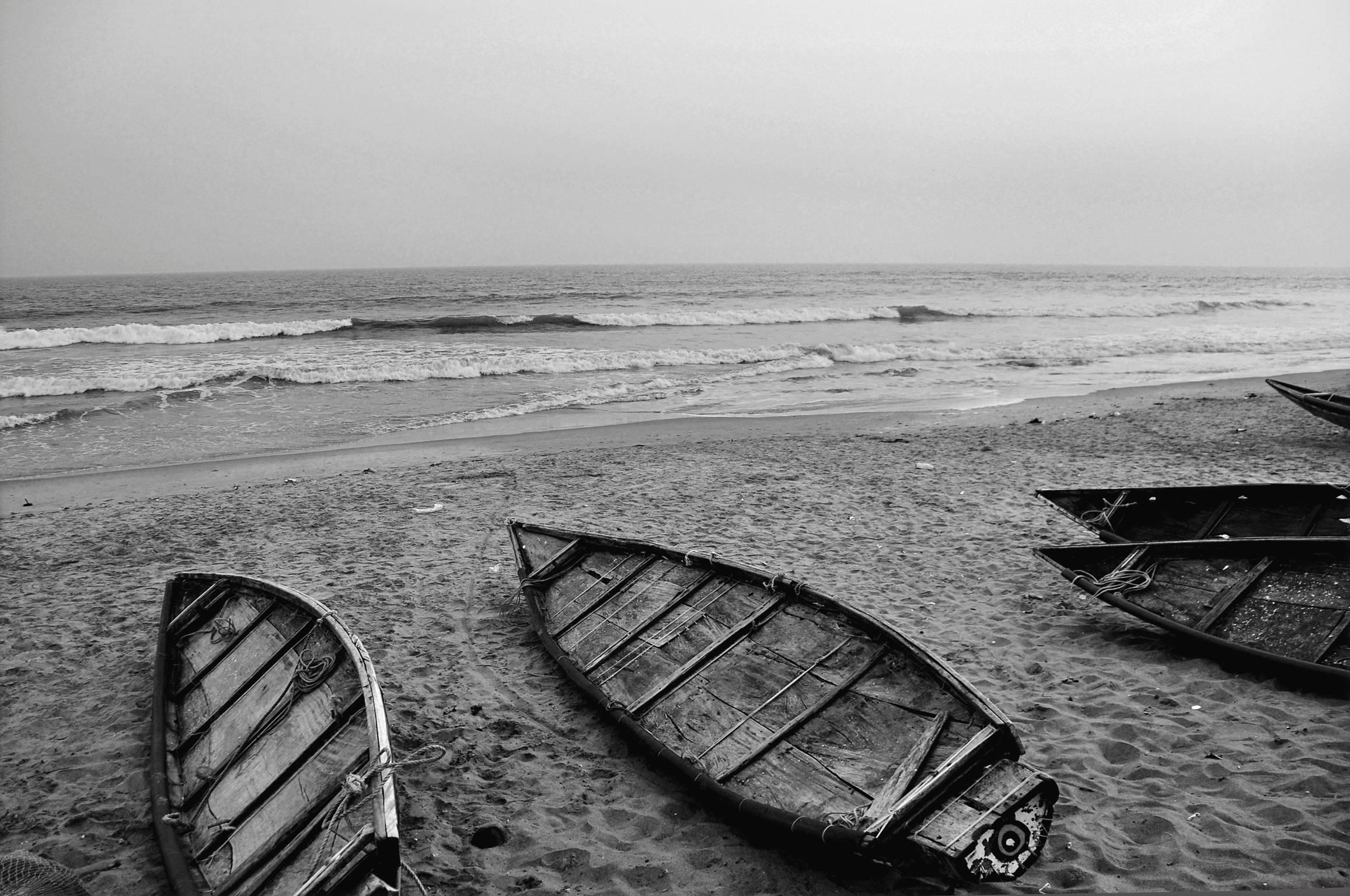 Mohan L. Mazumder Landscape Photograph - Boats, Sea Beach, Black & White Photography by Indian Artist "In Stock"