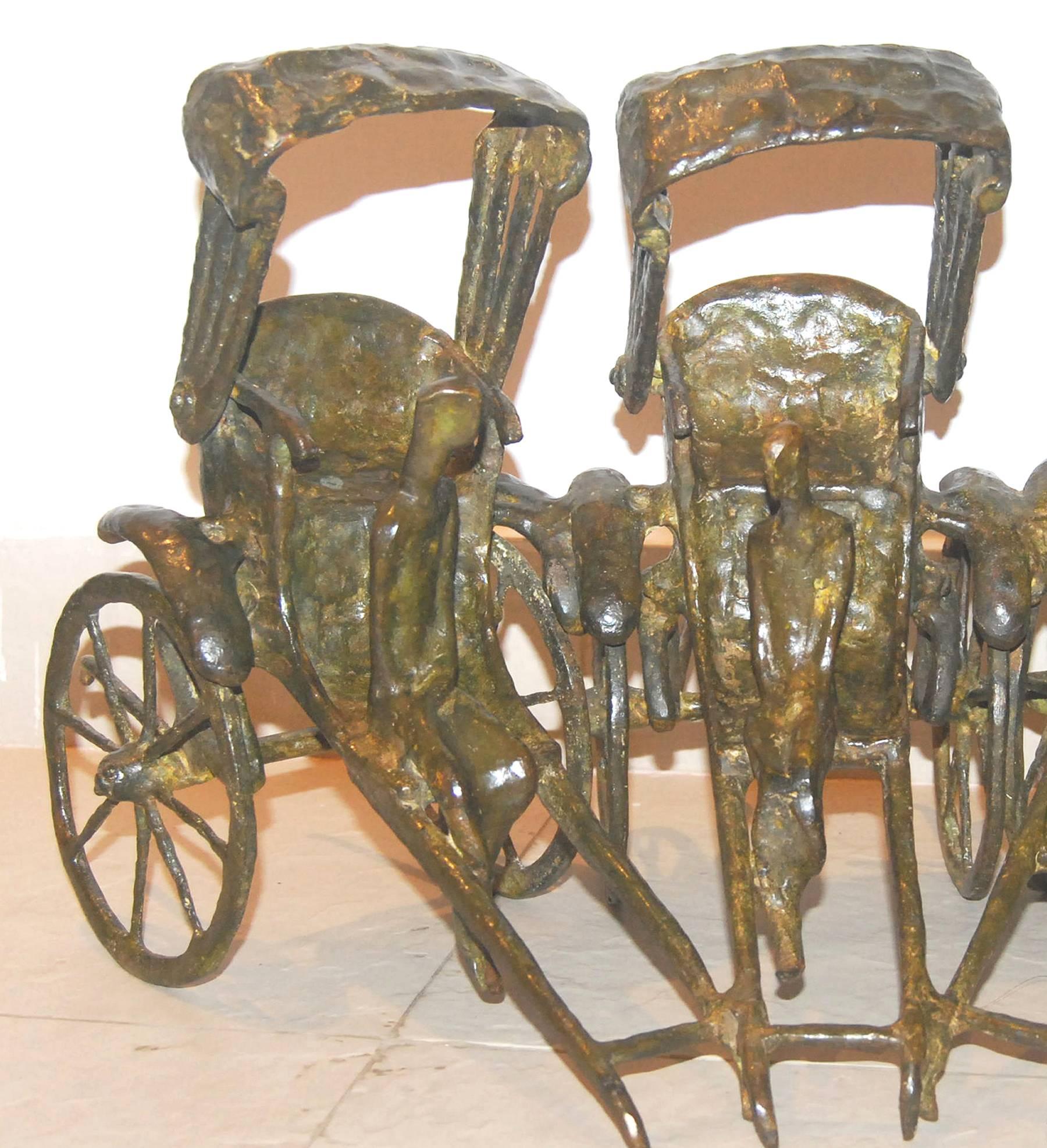 Rickshaw - Gold Figurative Sculpture by Tushar Kanti Das Roy
