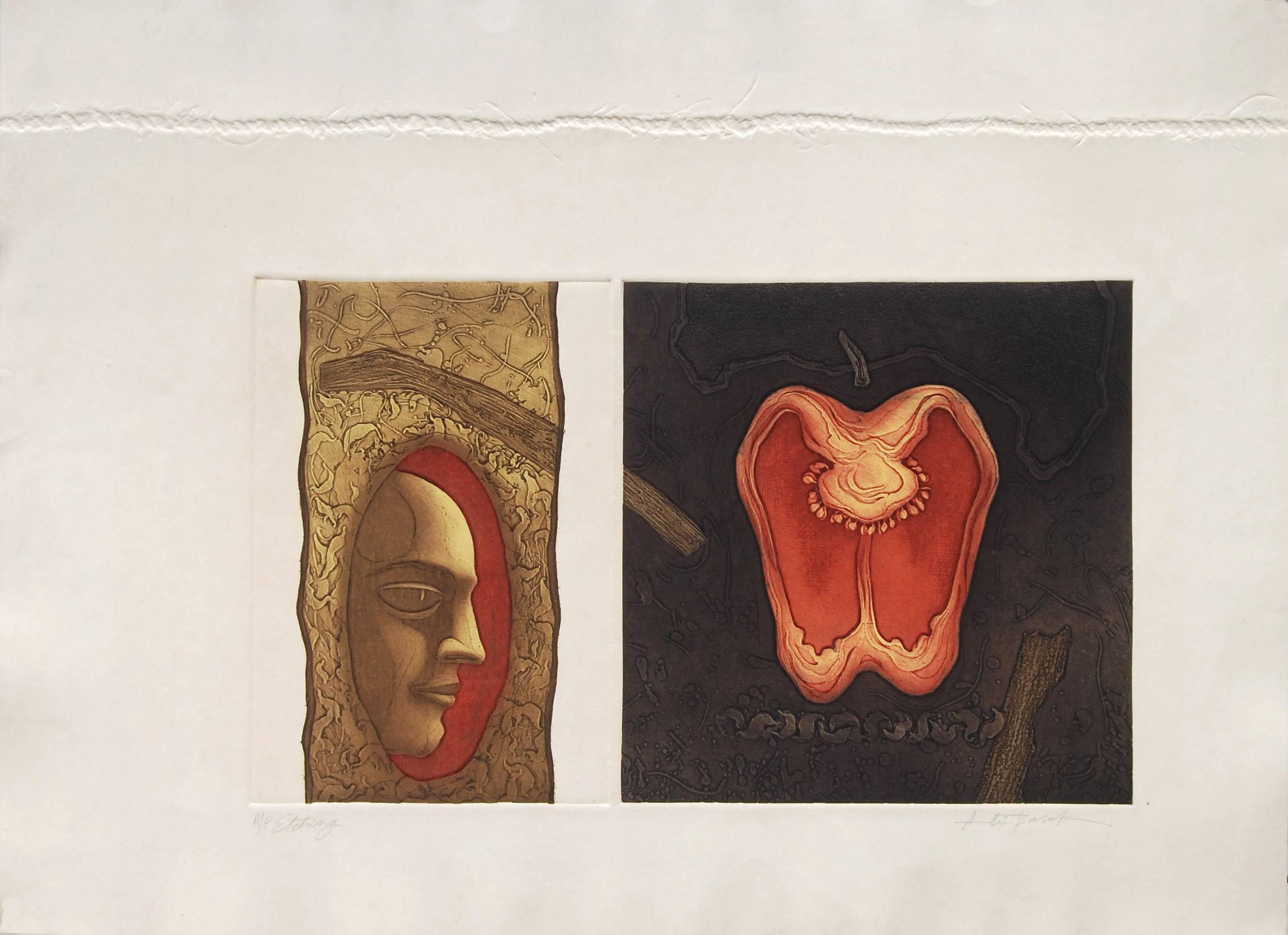 Face & Apple, eau-forte sur papier, marron, rouge et jaune par l'artiste indien « En stock »
