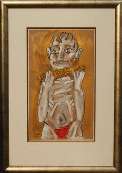 Boy eating Corn, Great Acrylic work by the Student of Picasso, Paritosh Sen