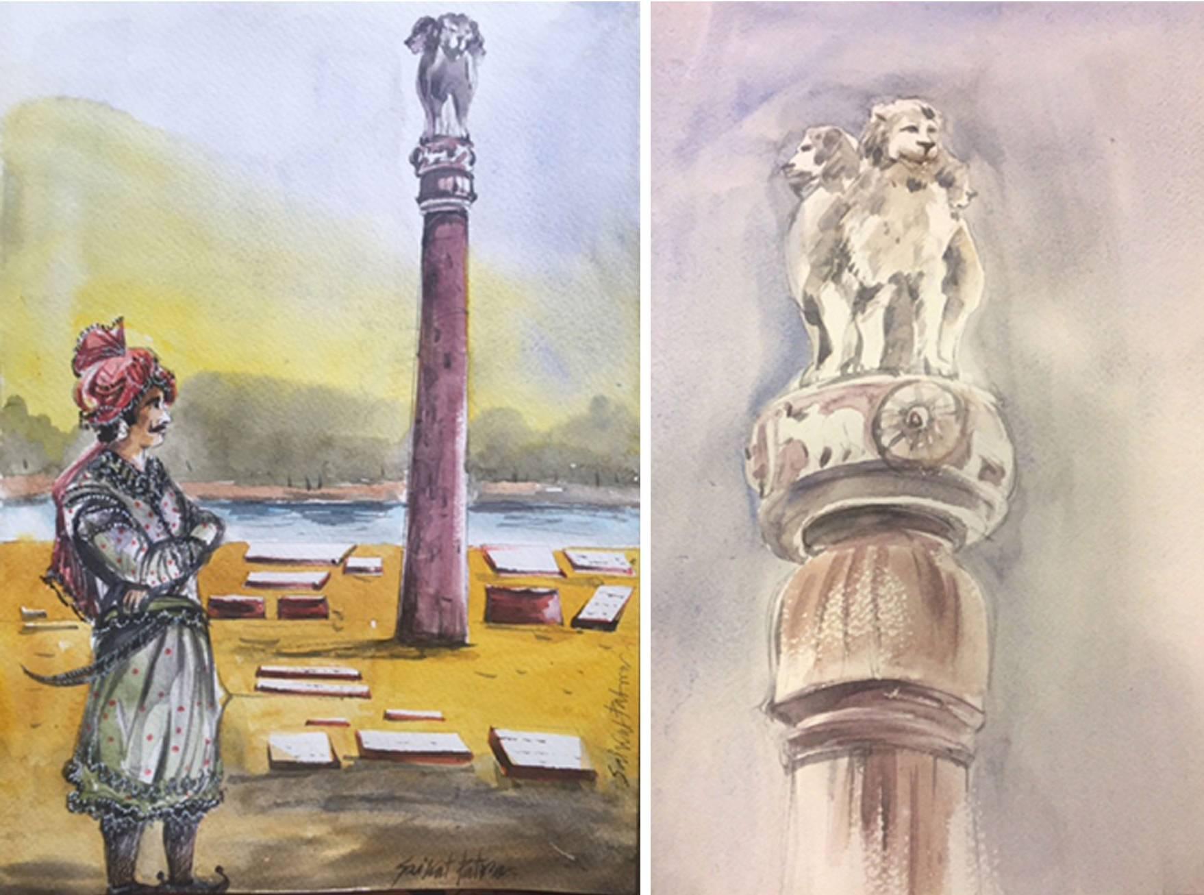 Buddha, Sarnath Pillar, Qutub Minar, Gupta Empire, Nataraja, Watercolor