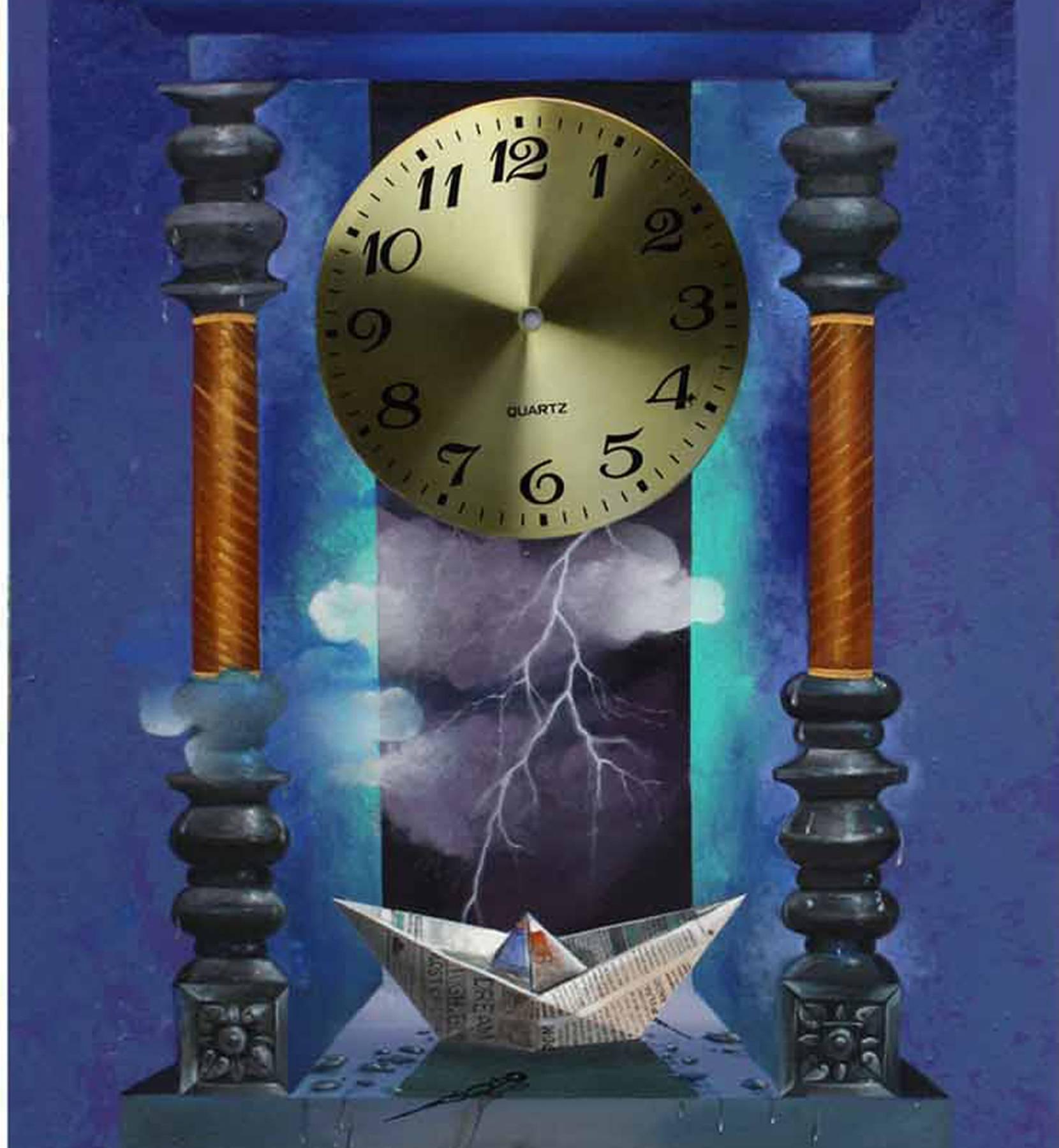 Longing Past II : Horloge murale, peinture, acrylique, bleu, feuille métallique « en stock » - Contemporain Painting par Pradosh Swain