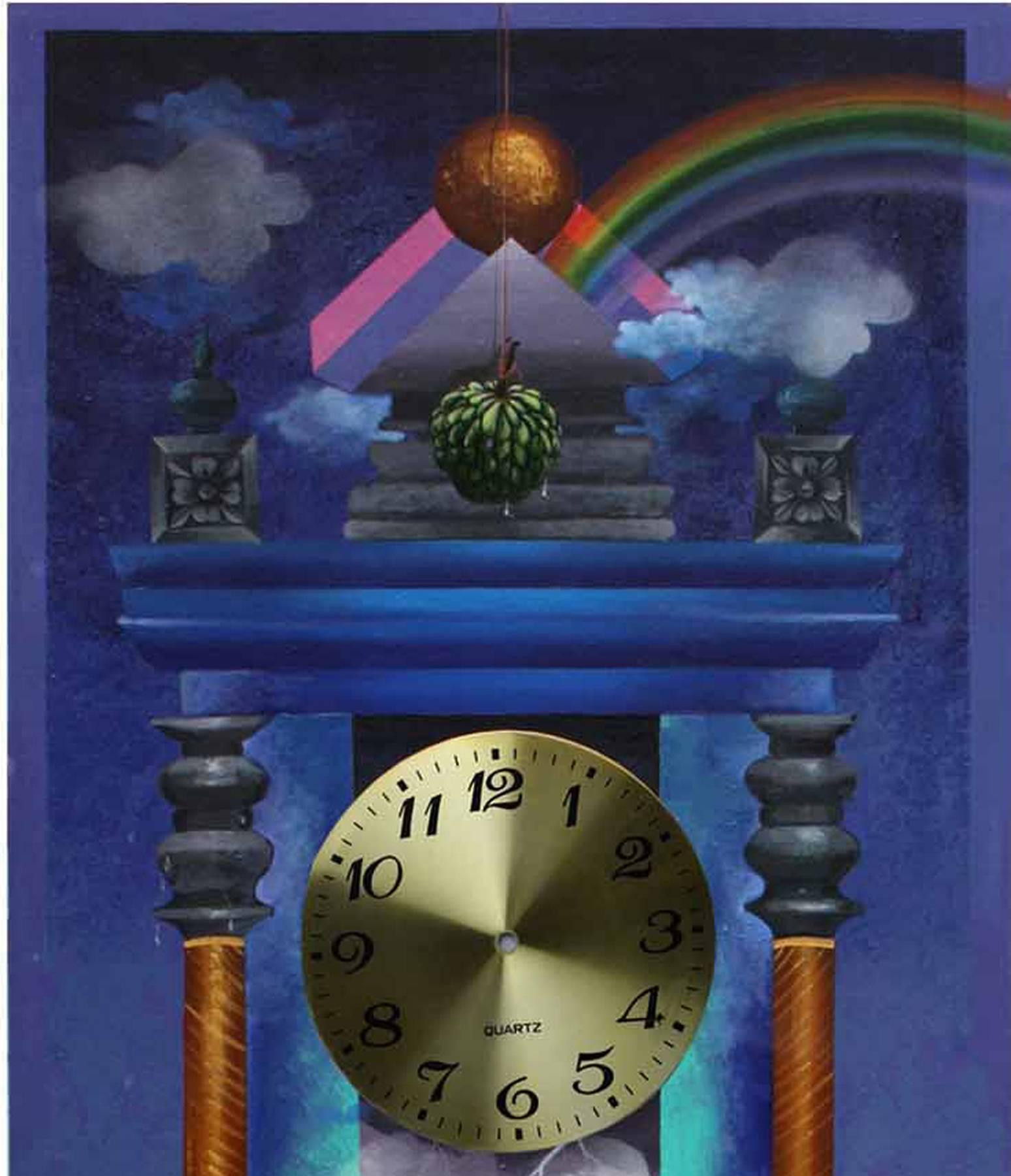 Longing Past II : Horloge murale, peinture, acrylique, bleu, feuille métallique « en stock » - Painting de Pradosh Swain
