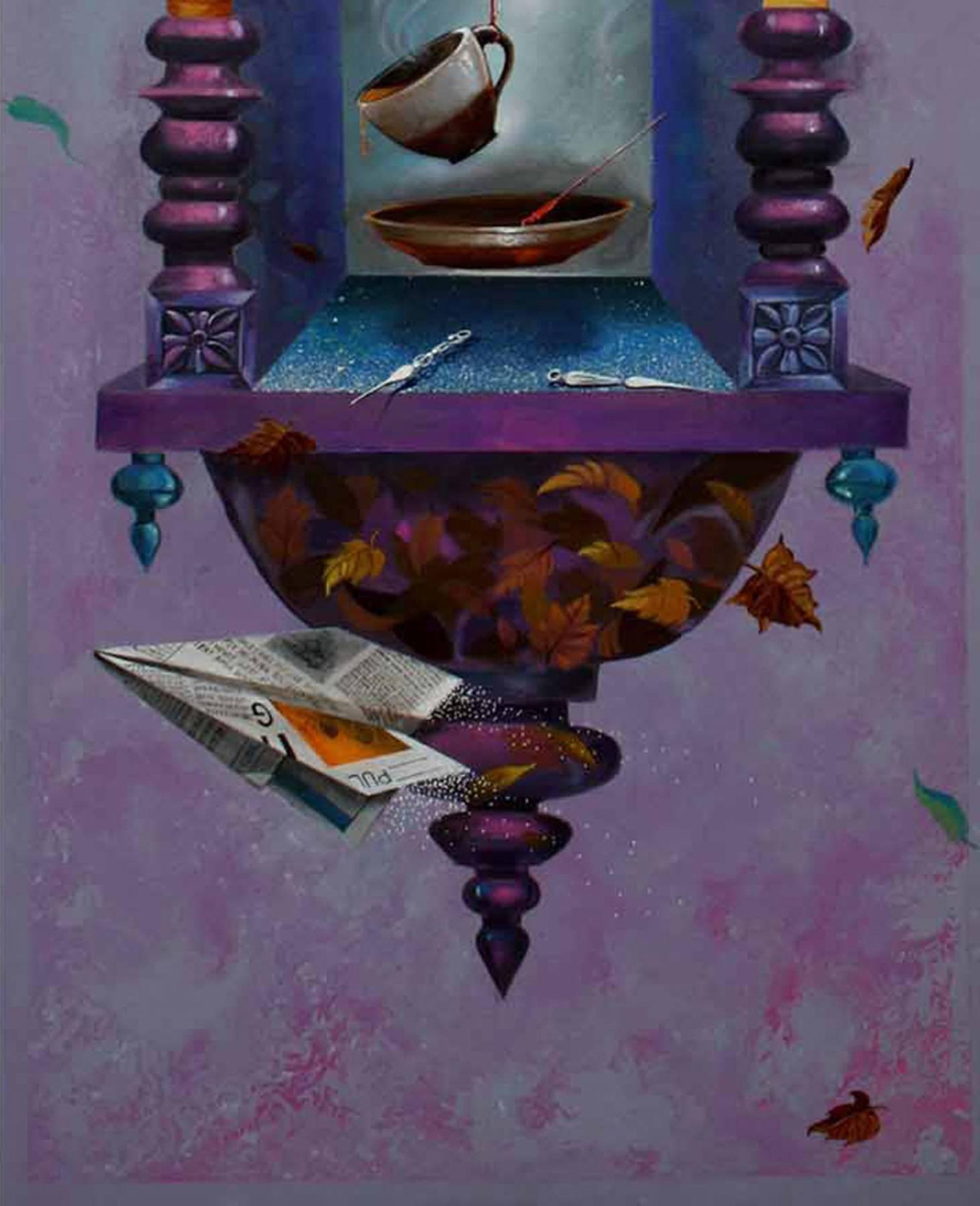 Panneau en acrylique : « Changing Seasons, Time » ; bleus, violets, couleurs de ciel « en stock » - Beige Still-Life Painting par Pradosh Swain