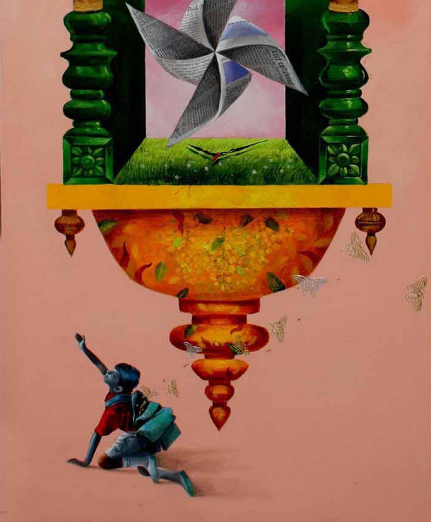 Longing Past IV: Wanduhr, Rosa, Metallic-Farbe, Acryl-Gemälde „Auf Lager“ (Orange), Figurative Painting, von Pradosh Swain