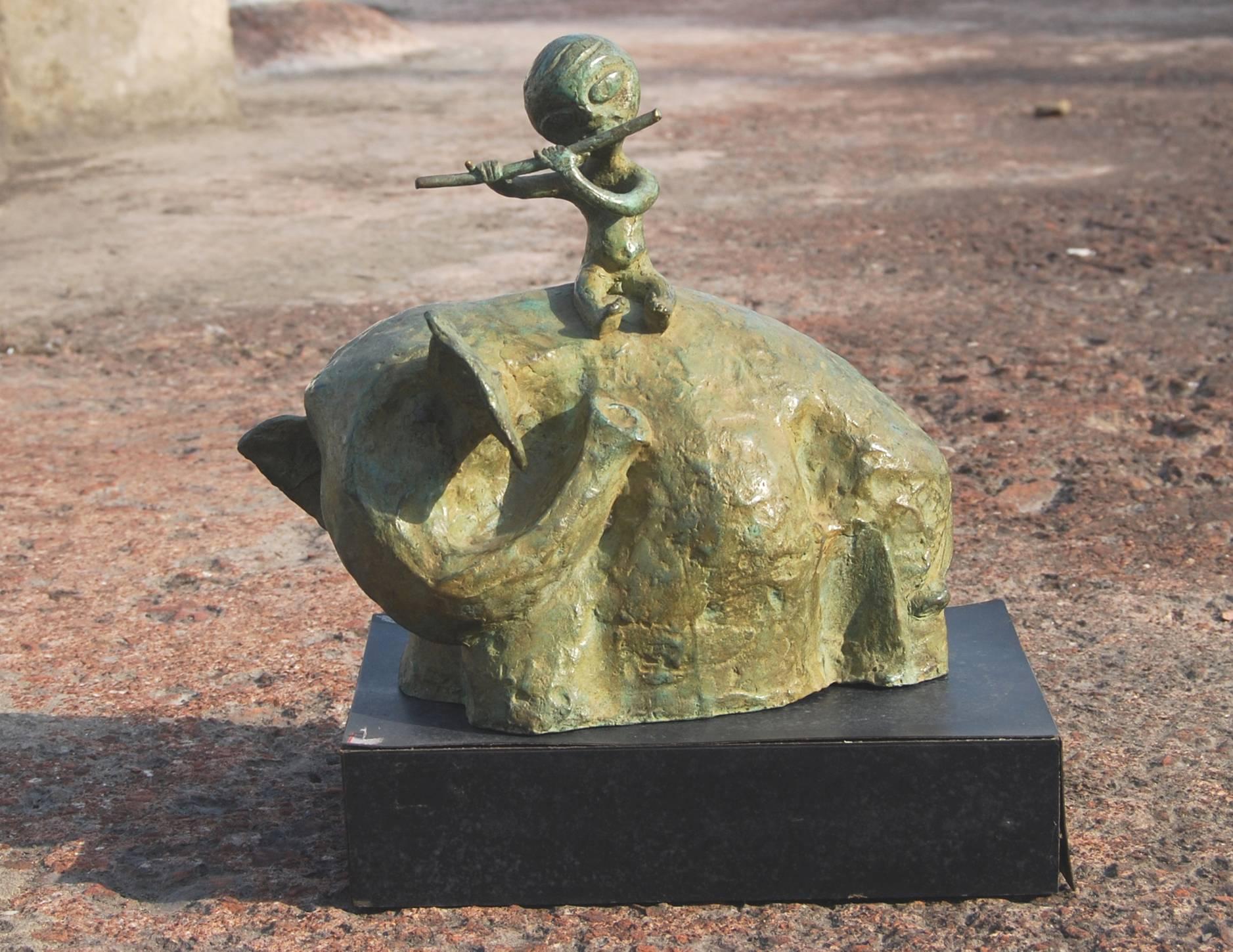 Krishna seated on Elephant, Playing Flute, Bronze Sculpture, Patina 