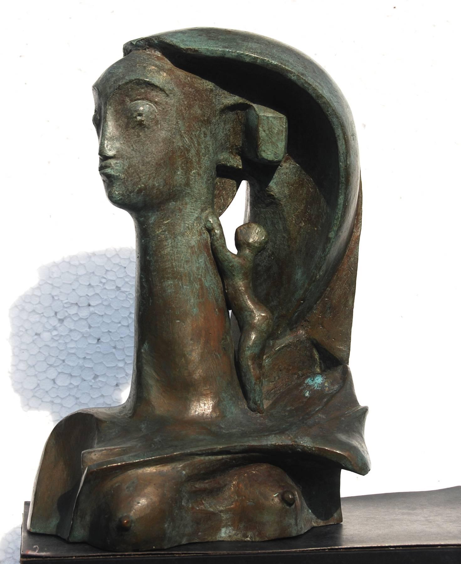 Niranjan Pradhan Figurative Sculpture - Nude rendition, Mother-Child, Bronze, Modern Sculptor from 20th Century India.
