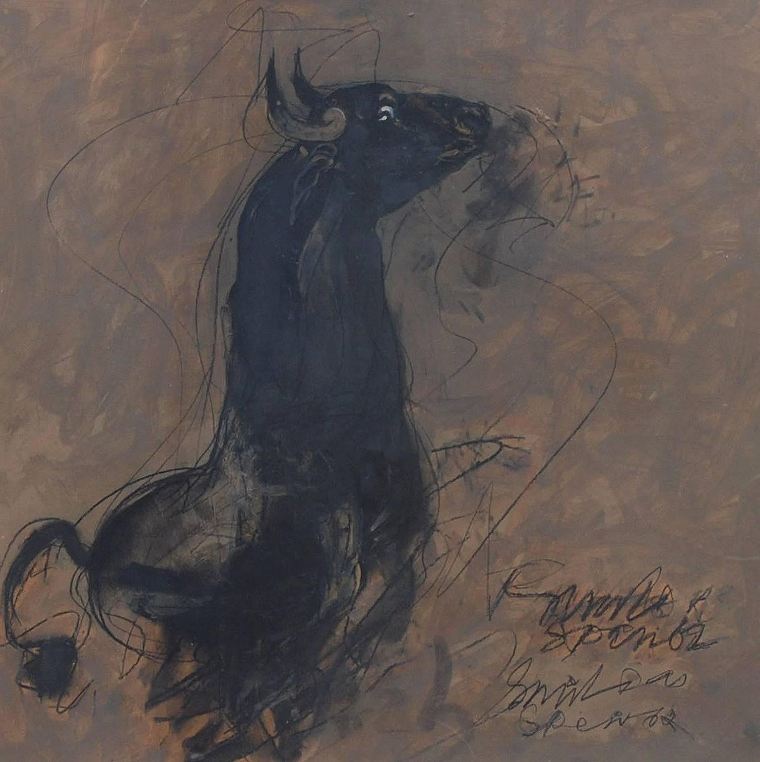 Bull, Black Brown, Charcoal Oil on Board by Indian Master 'In Stock' - Mixed Media Art by Sunil Das