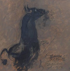 Bull, Black Brown, Charcoal Oil on Board by Indian Master 'In Stock'