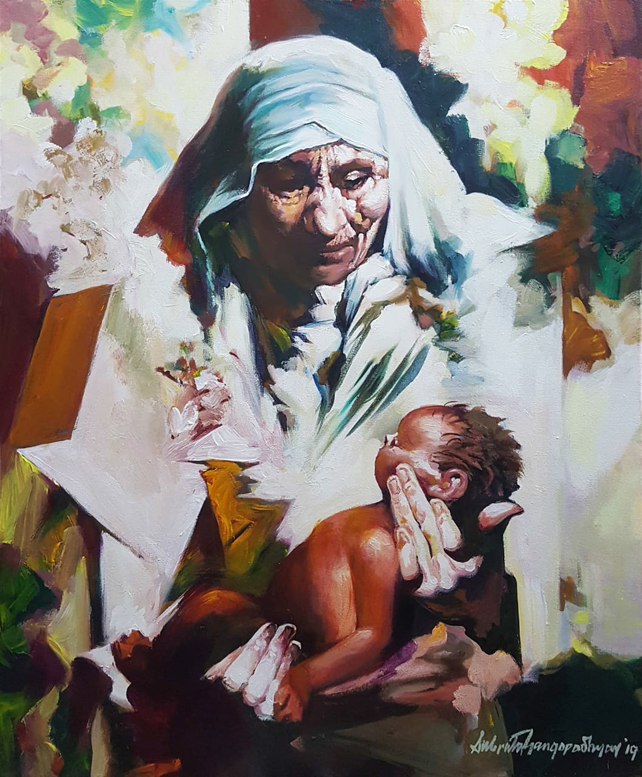Subrata Gangopadhayay Mother And Child Mother Teresa Acrylic