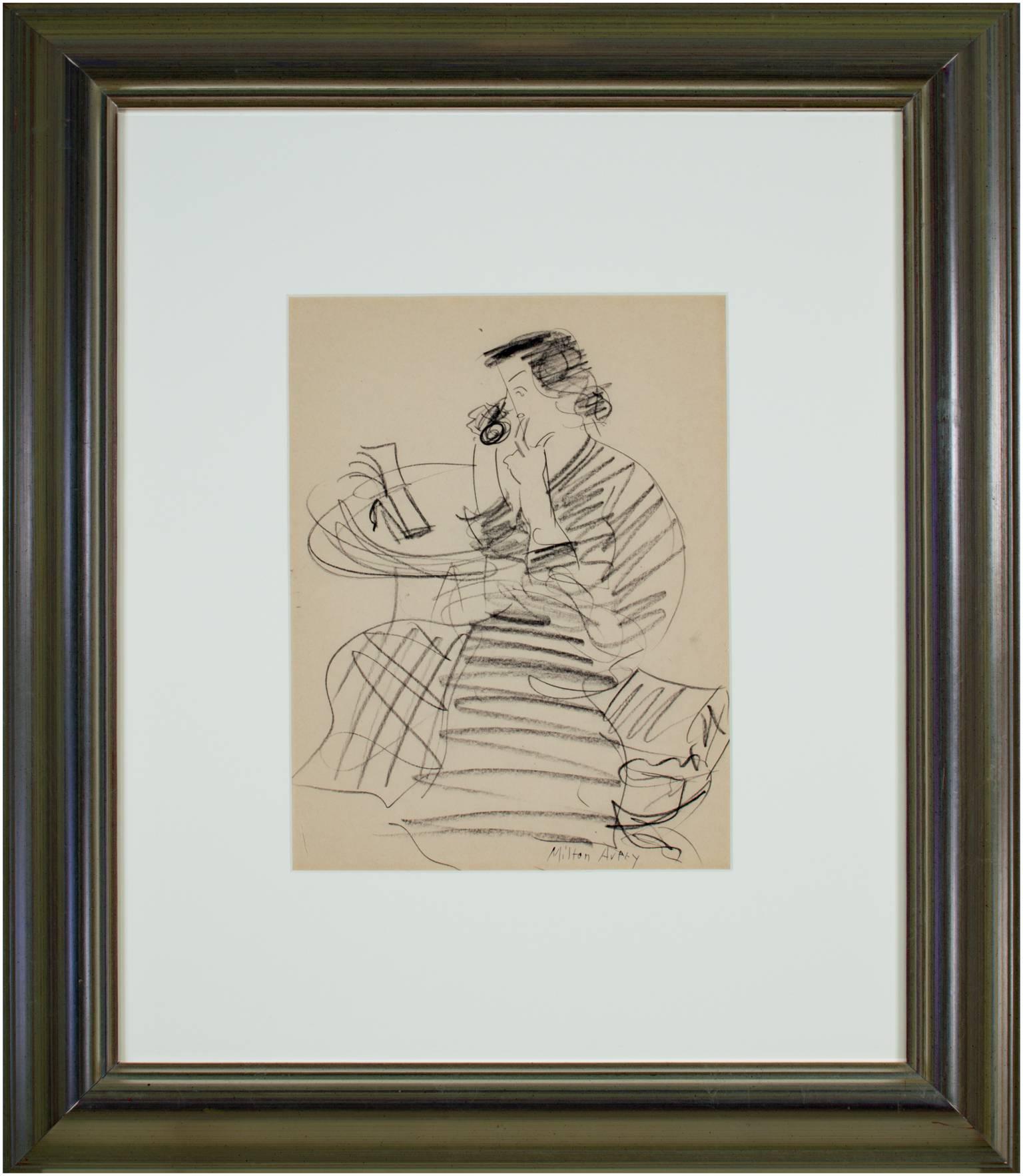 A pencil on paper figurative drawing by American artist Milton Avery depicts his wife, Sally Avery, on the telephone. The table depicted in the drawing was in the front entrance to Sally Avery's apartment at 300 Central Park West in New York City.
