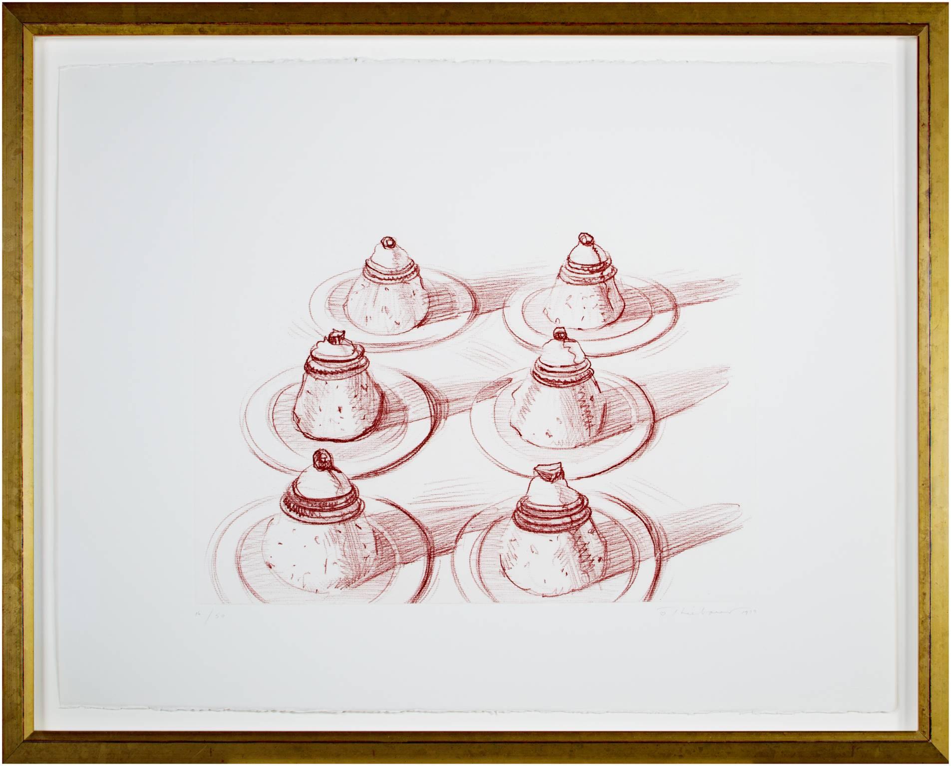 An etching in red by American pop artist Wayne Thiebaud depicting six Italian desserts. This is #16 from the edition of 50. It is signed and dated in pencil lower right, and numbered lower left. 

15 3/4