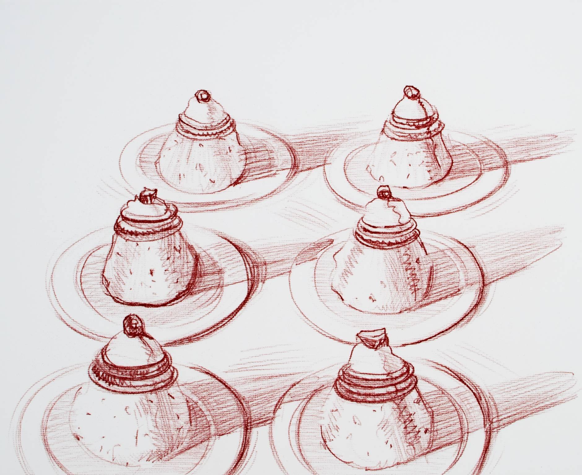 Eine Radierung in Rot des amerikanischen Pop-Künstlers Wayne Thiebaud, die sechs italienische Desserts darstellt. Dies ist die Nummer 16 der Auflage von 50 Stück. Es ist unten rechts mit Bleistift signiert und datiert und unten links nummeriert.