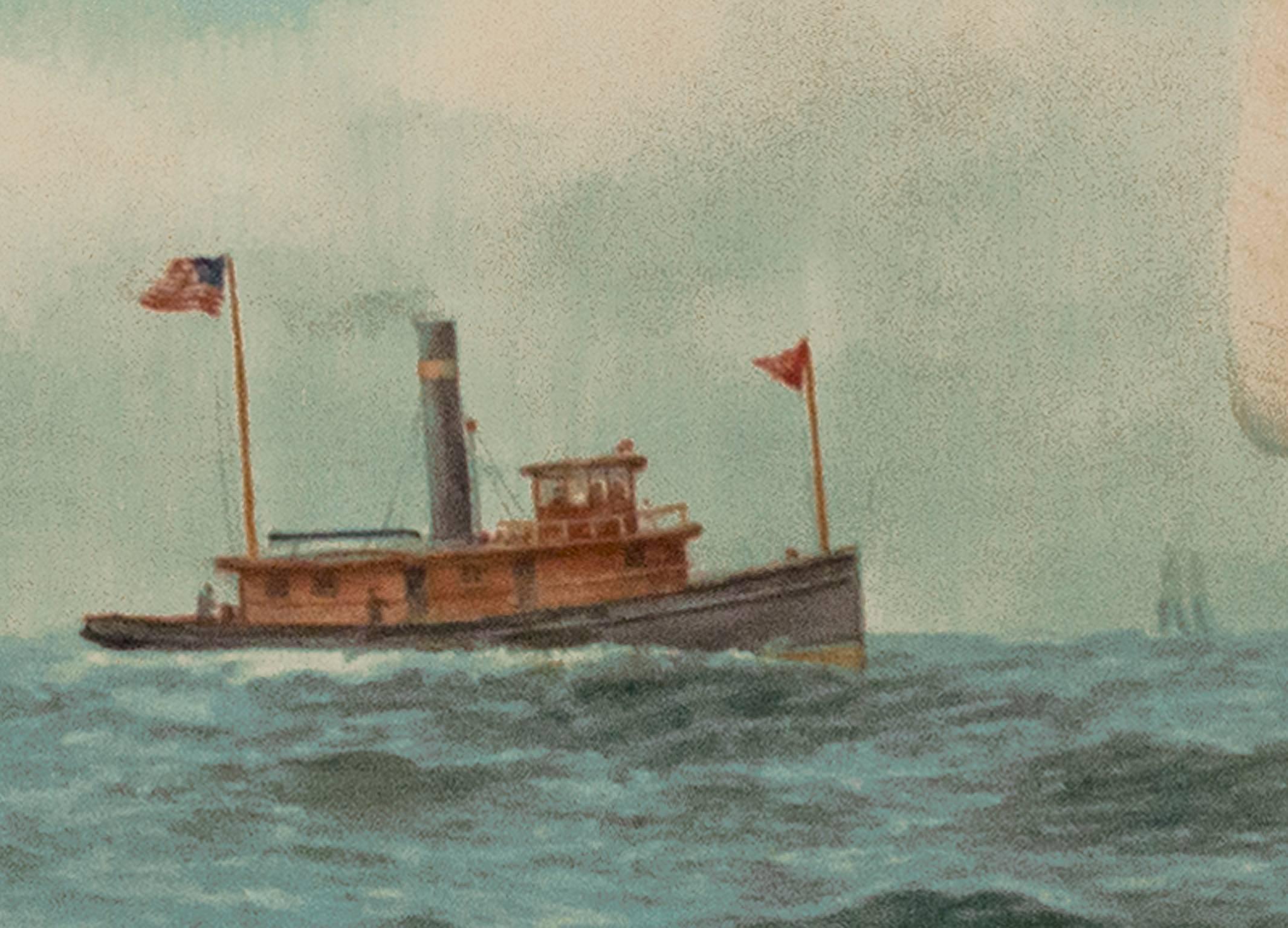 Segelboot auf Wasser Gemälde des frühen 20. Jahrhunderts Meeres- und Meeresboote, Wellenwolken (Grau), Landscape Art, von C.S. Jones
