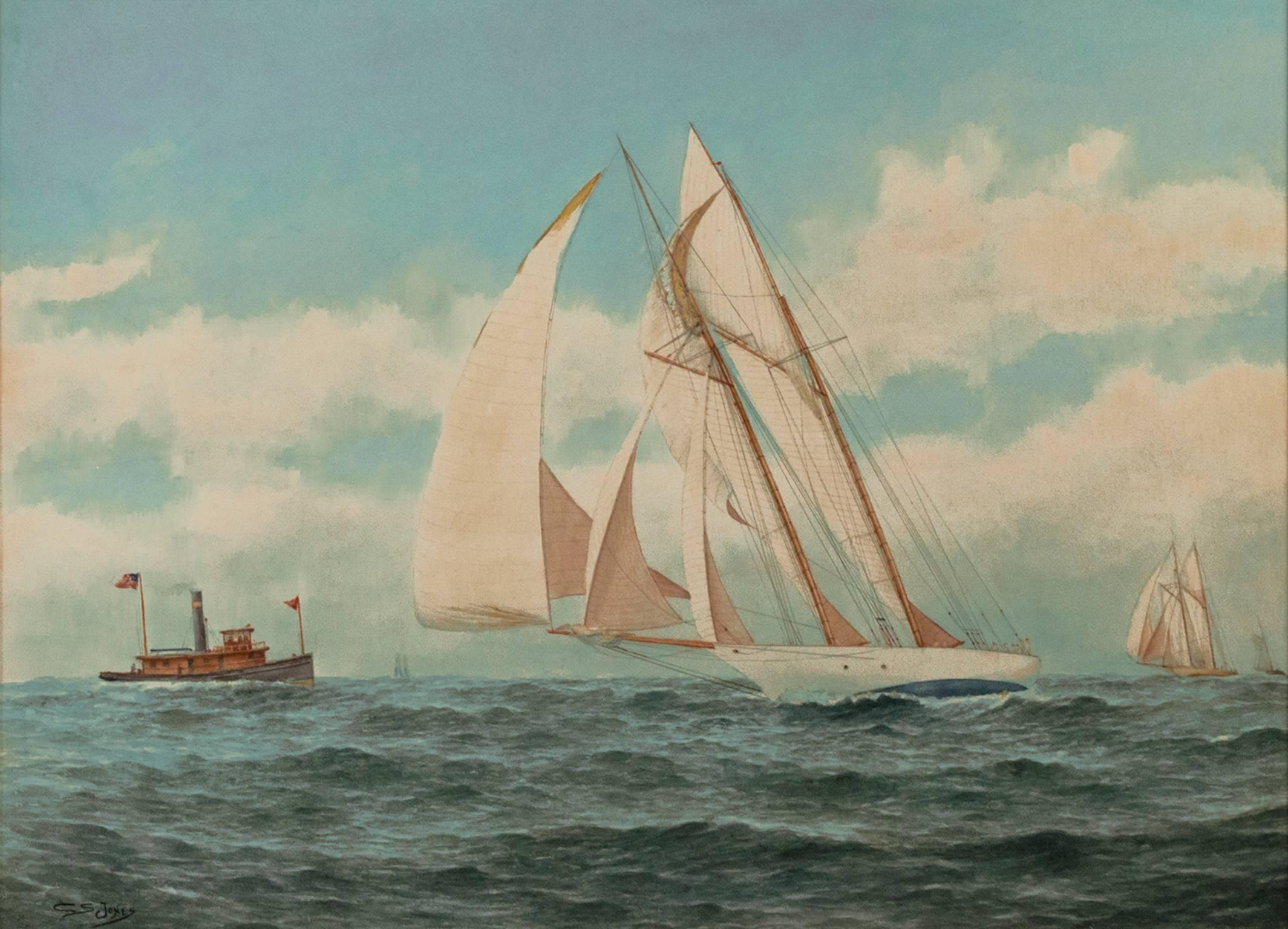 C.S. Jones Landscape Art – Segelboot auf Wasser Gemälde des frühen 20. Jahrhunderts Meeres- und Meeresboote, Wellenwolken