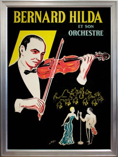 violin player with orchestra early 20th century color lithograph poster