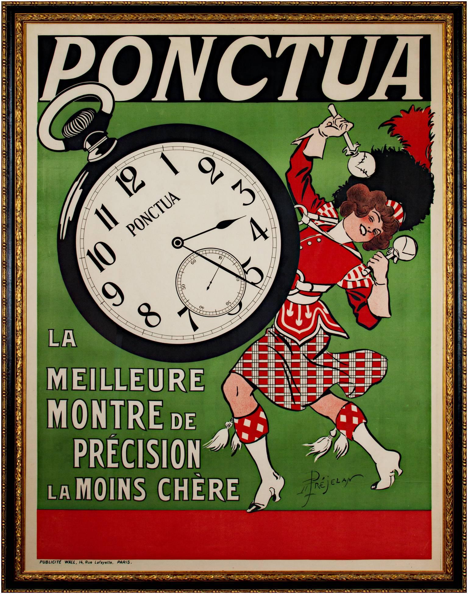 Original color lithograph poster by Rene Prejelan.

Ponctua (The best and least expensive precision watch), 1910.
A fine watch at a fine price- and the Scottish drum-majorette certainly seems enthusiastic to agree.
La belle epoque art nouveau French
