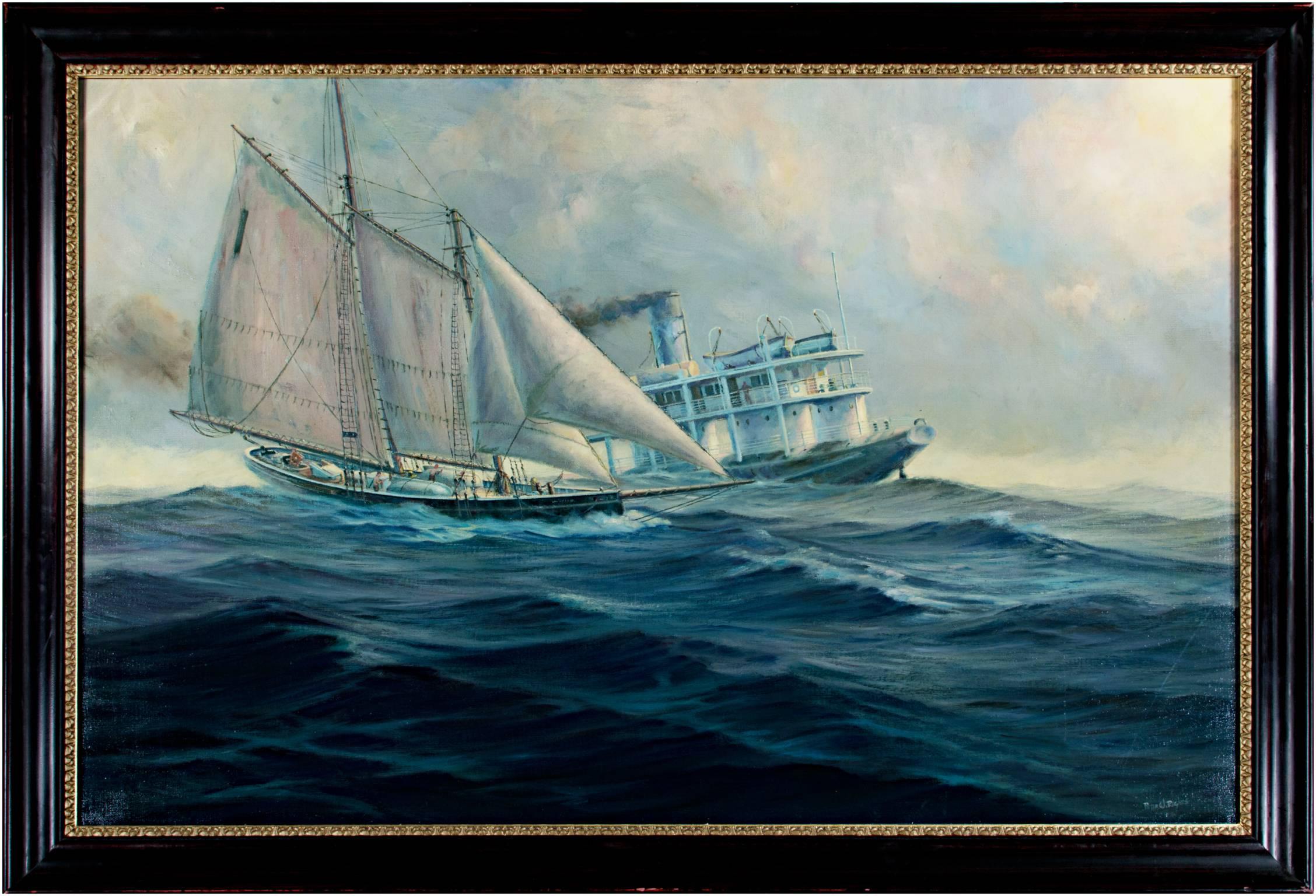 Sailboat and Steamer Maritime Scene - Painting by Peter W. Rogers
