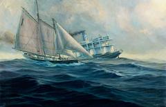 Sailboat and Steamer Maritime Scene