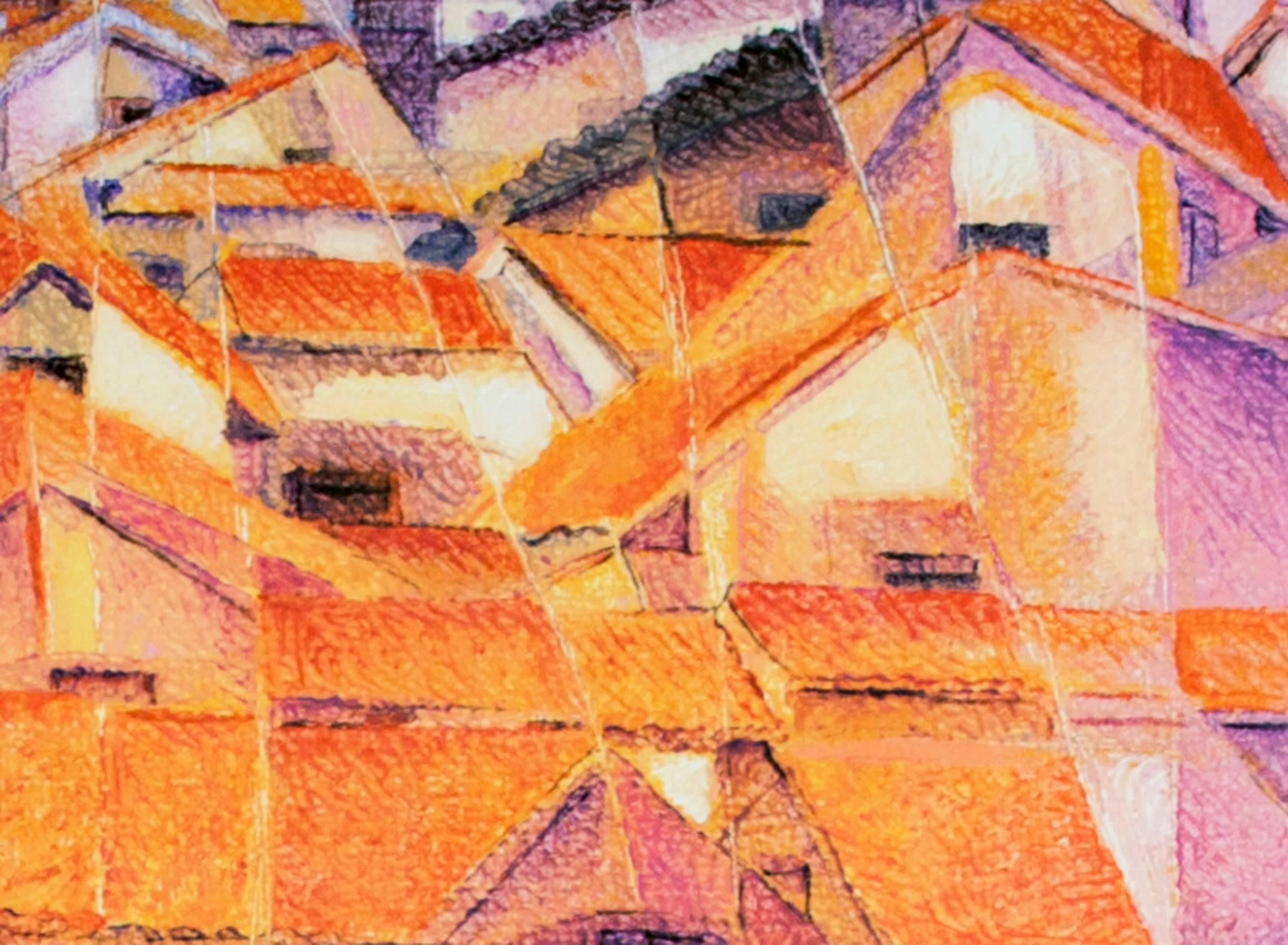 Ein Giclee-Druck auf Leinwand des peruanischen Künstlers Ernesto Gutierrez, der an die kubistische Bewegung erinnert.

Ernesto kam Anfang der 1970er Jahre mit einem Fullbright-Stipendium nach Milwaukee, um an der University of Wisconsin-Milwaukee