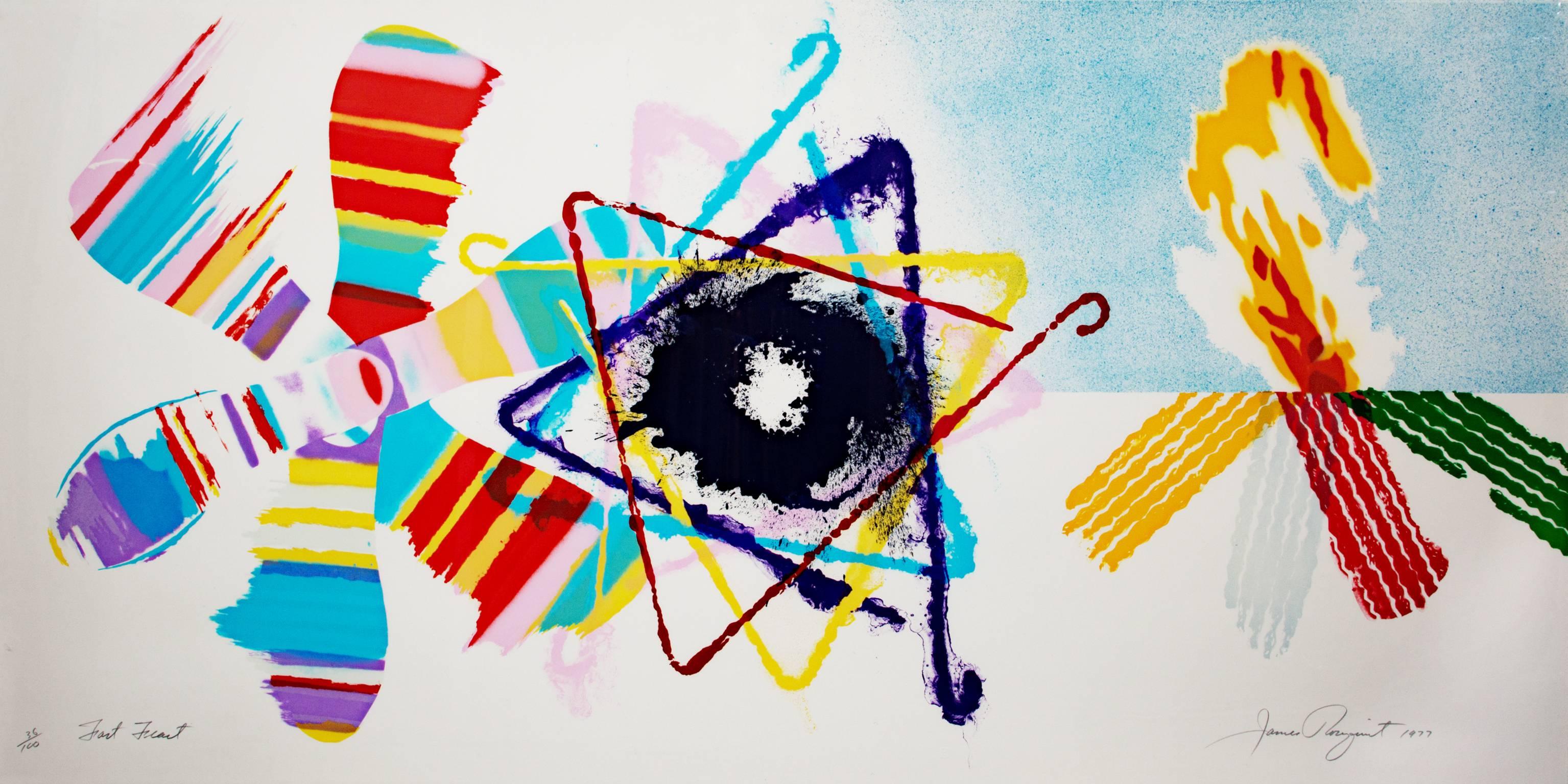 Eine mehrfarbige abstrakte Lithografie des amerikanischen Künstlers James Rosenquist. Dies ist die Nummer 36 aus der Auflage von 100 Stück. Signiert und datiert unten rechts. Links unten nummeriert und betitelt.

37" x 74" Kunst
39 1/2" x 76 1/2"