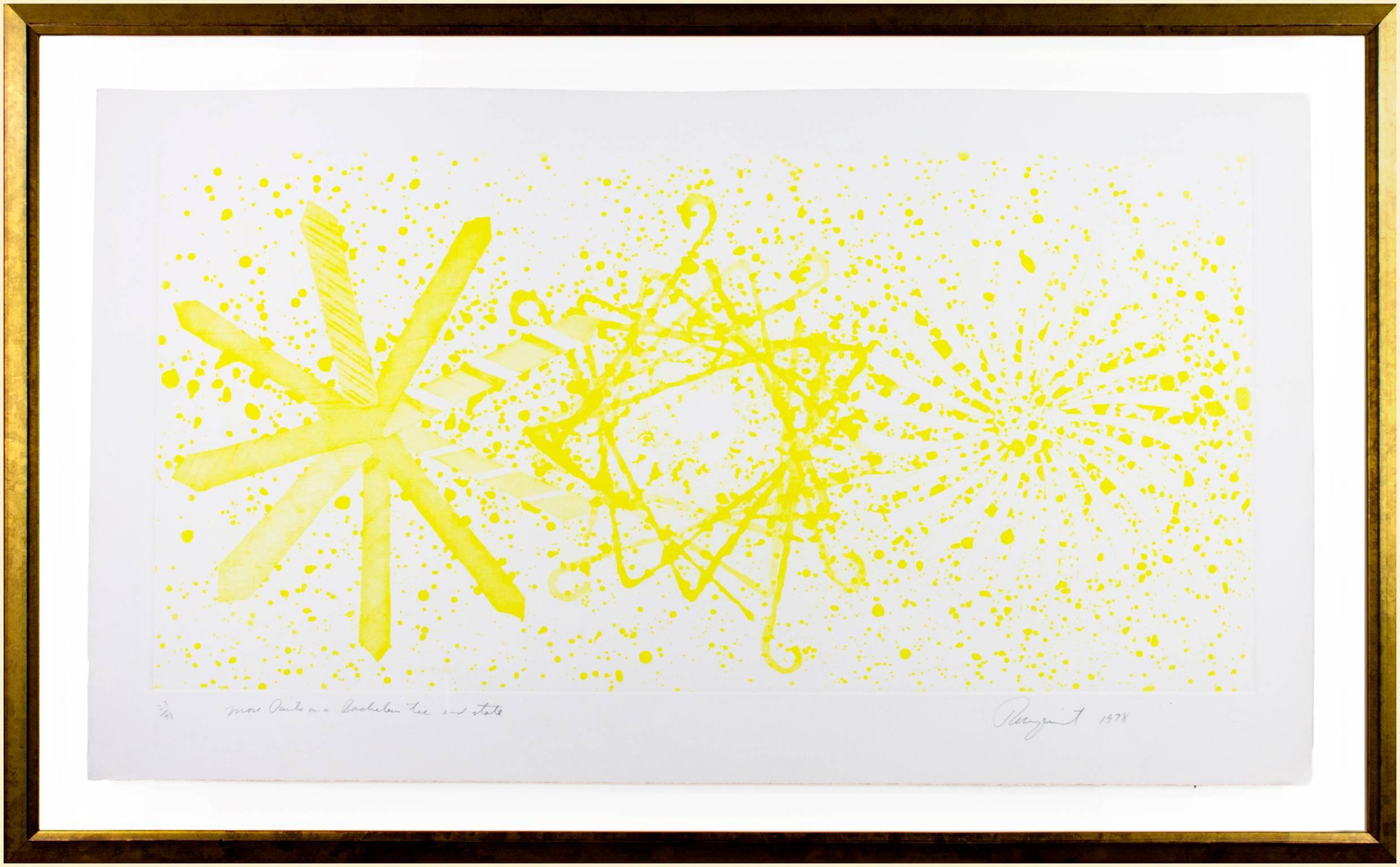 Gravure abstraite de la fin du 20e siècle, encre jaune éclabousssée, formes géométriques - Blanc Abstract Print par James Rosenquist