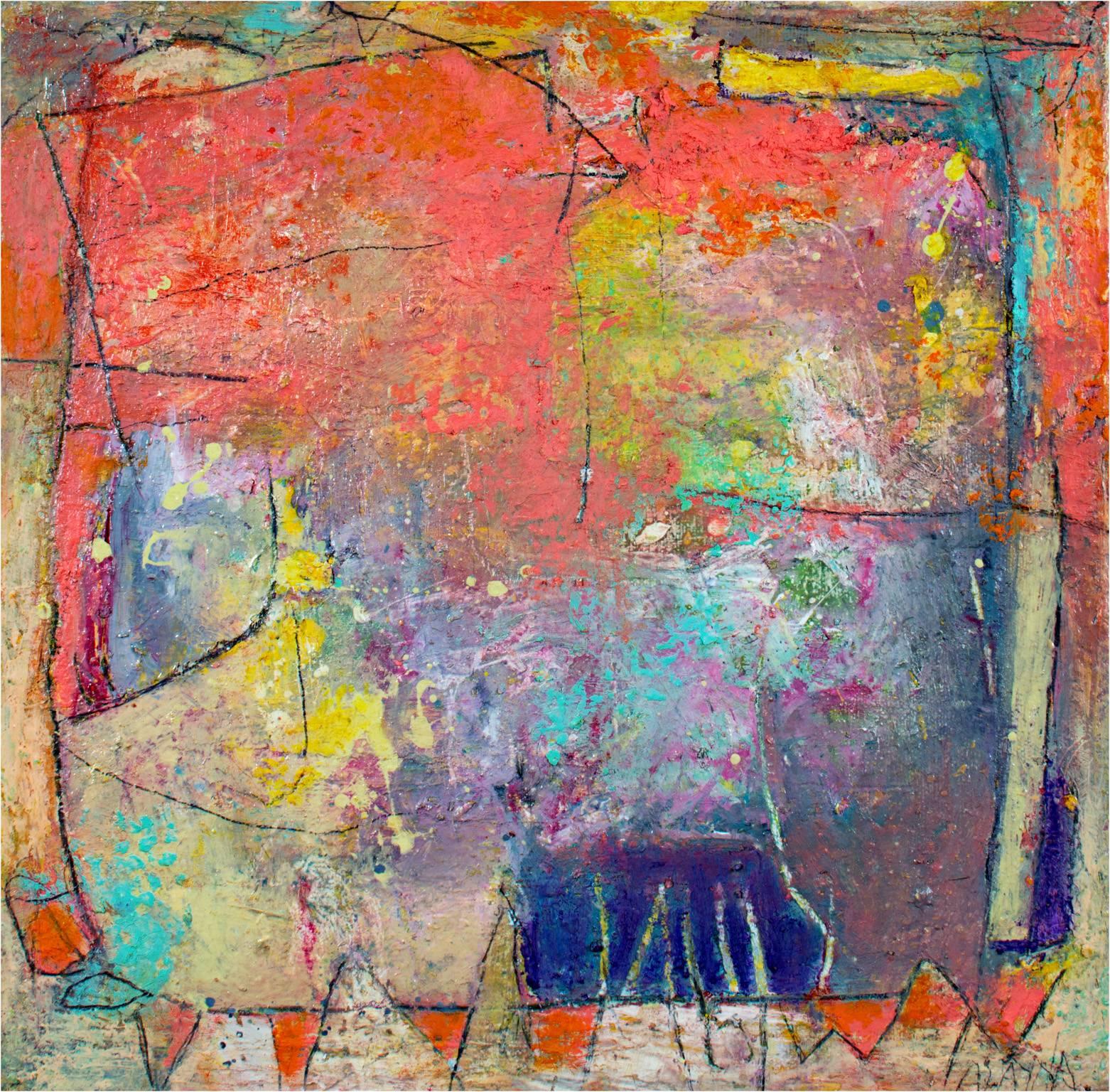 Abstract Painting di Alayna Rose - colorato quadro ad olio astratto contemporaneo rosa e blu con forme