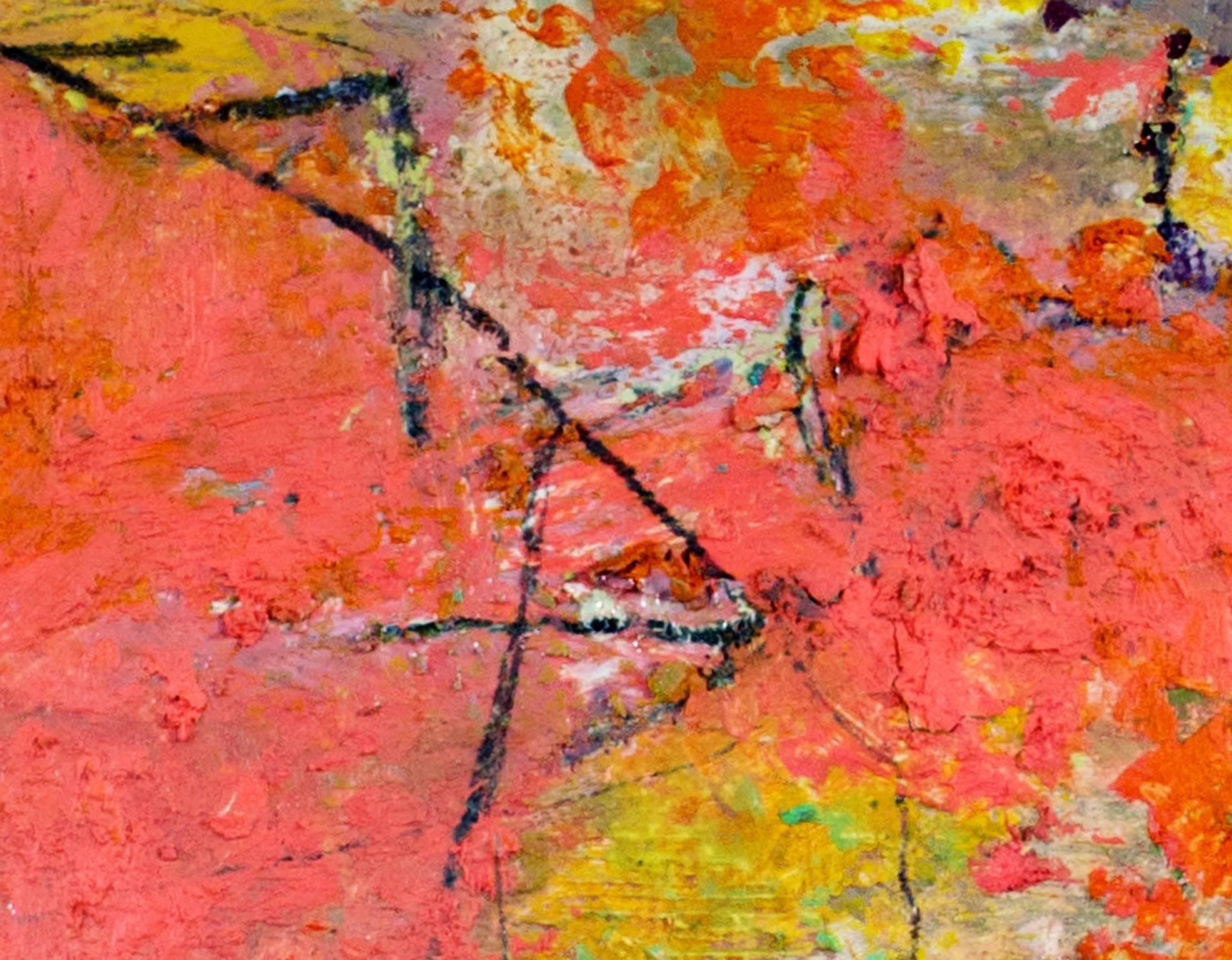 colorato quadro ad olio astratto contemporaneo rosa e blu con forme - Abstract Painting Marrone di Alayna Rose