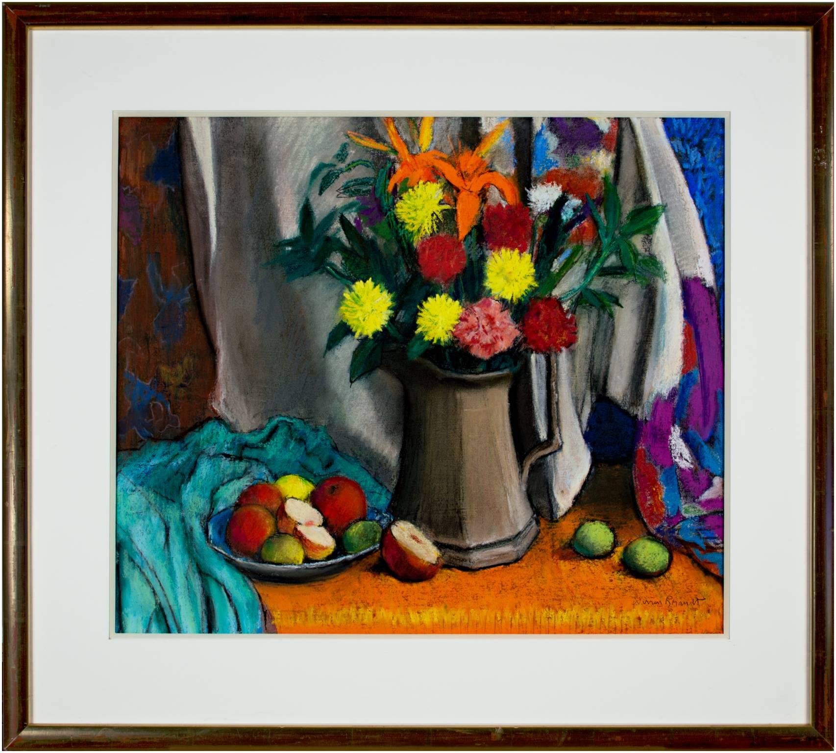 „“Großer Krug“, Original pastellfarbenes Stillleben mit Blumen, signiert von Warren Brandt im Angebot 3