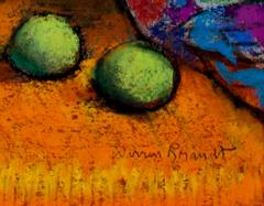 pittura ad olio di natura morta di fine XX secolo con fiori e frutta firmata