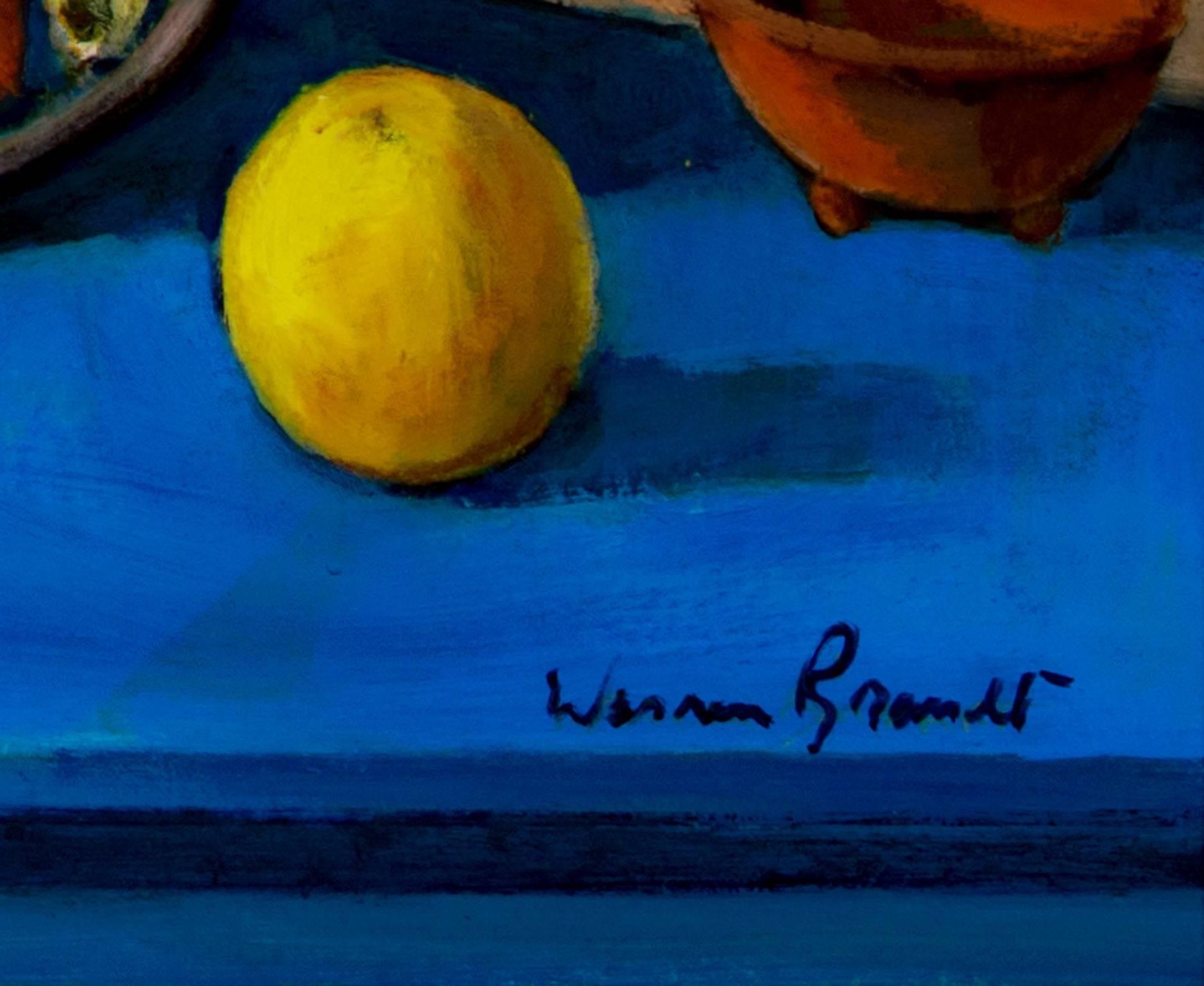 late 20th century still life oil painting with flowers and fruit on a blue table - Painting by Warren Brandt
